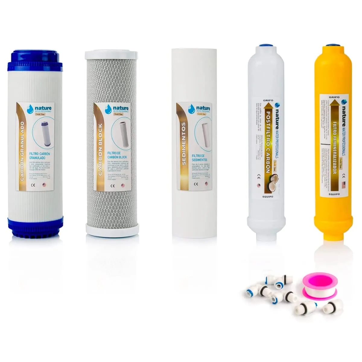NATURE WATER PROFESSIONALS Confezione da 5 filtri Gold Line per osmosi inversa domestica - Filtri per apparecchiature ad osmosi inversa a 6 stadi - Include connettori, T'' e Teflon