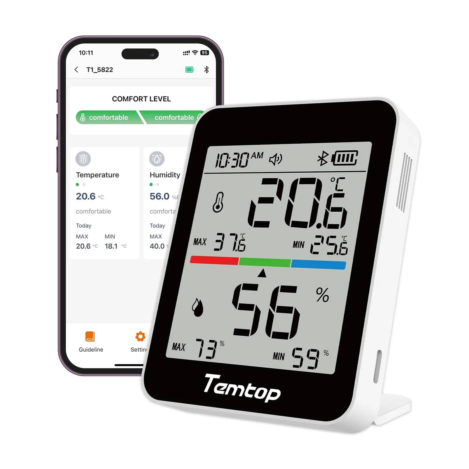 Temtop Misuratore di Umidità Termometro Digitale per Interni per la Temperatura Ambiente Igrometro Bluetooth con Avvisi di Notifica, Esportazione Dati per Casa Ufficio Garage Asilo Nido per Bambini T1