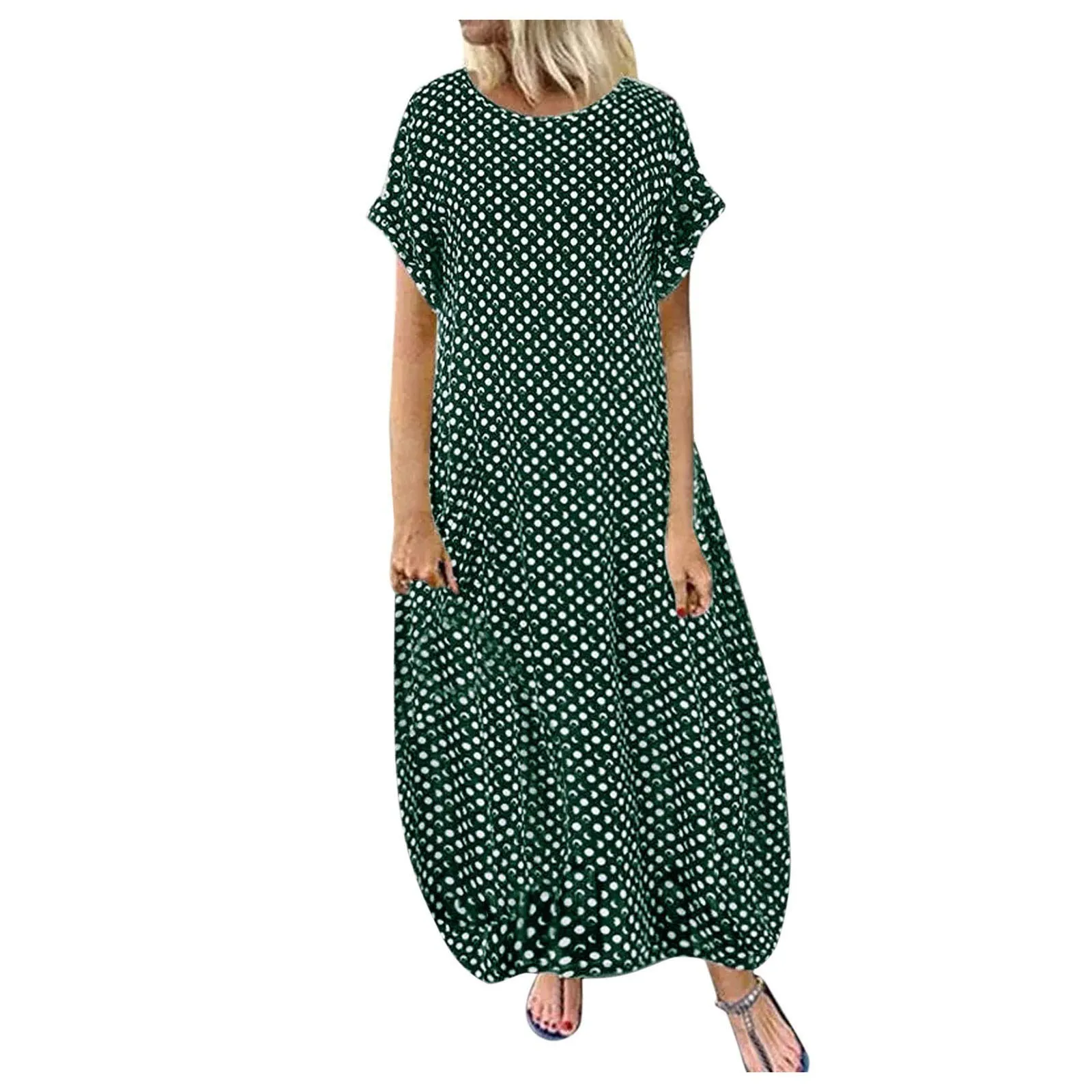 Generisch Abito da spiaggia da donna, traspirante, di grandi dimensioni, abito estivo da donna, lungo, elegante, a maniche corte, per il tempo libero, girocollo, casual, da donna, comodo, abito da