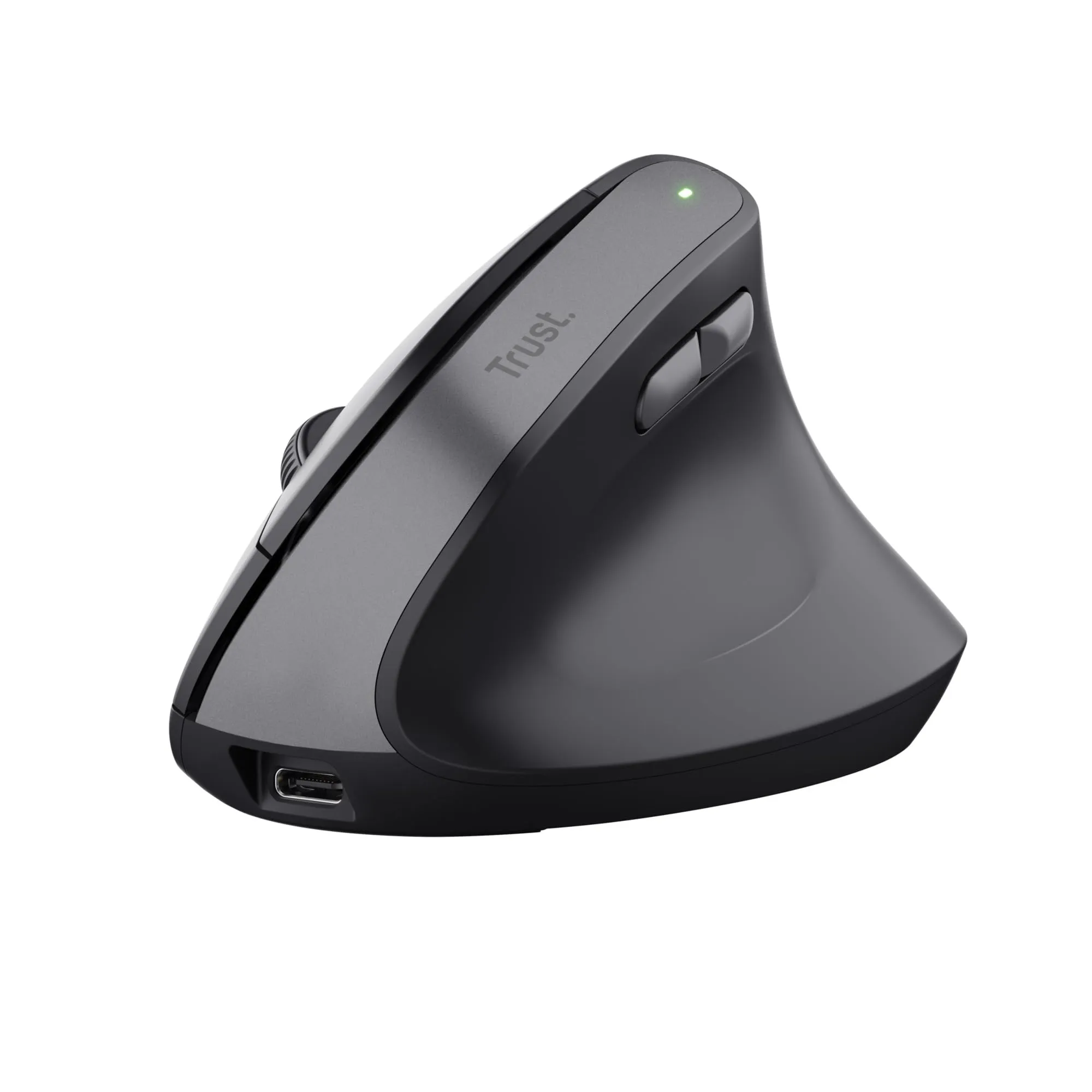 Trust Yuno Mouse Ergonomico Senza Filo, Mouse Verticale Ricaricabile, Ricevitore USB da 2,4GHz, DPI Regolabile (800-2400), Sensore Ottico, 6 Pulsanti, 70% Plastica Riciclata, Macbook, Computer - Nero