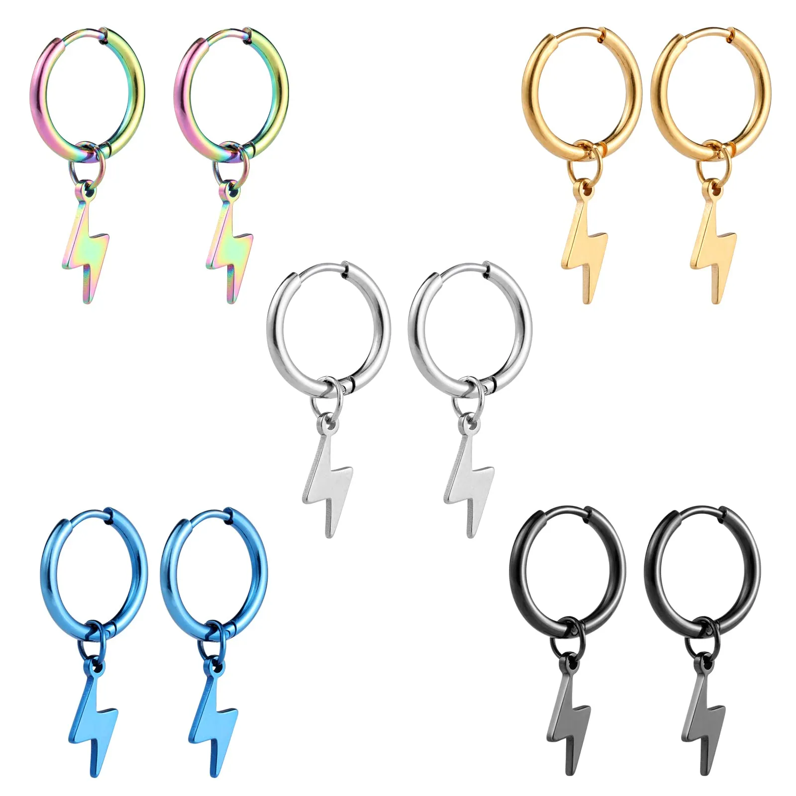Epoch World 5 Paia Acciaio Inossidabile Orecchini Uomo Cerchio Orecchini Donna Cerchio Pendenti Orecchini Fulmine Uomo Orecchini Cerchio Uomo Orecchini Anello Piccoli Set Piercing Argento Nero Oro