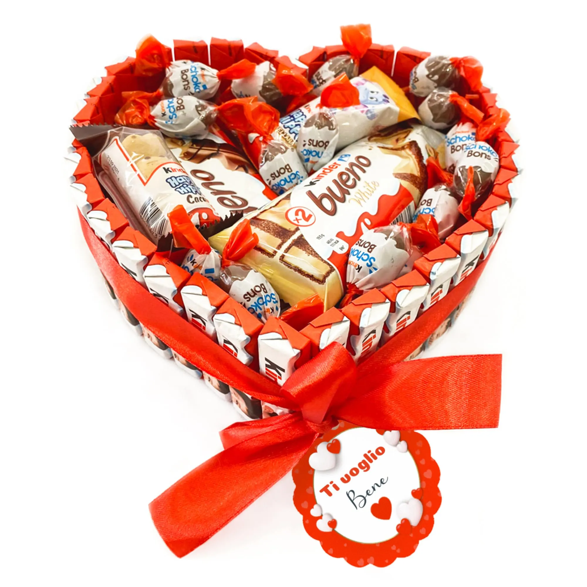 Onza Box dolci Kinder Bueno regalo - Calza Befana Kinder da regalare per Natale - Assortimento di Cioccolatini Kinder, Happy Hippo, Schokobons, Kinder Cioccolato - Torta Kinder a forma di cuore.