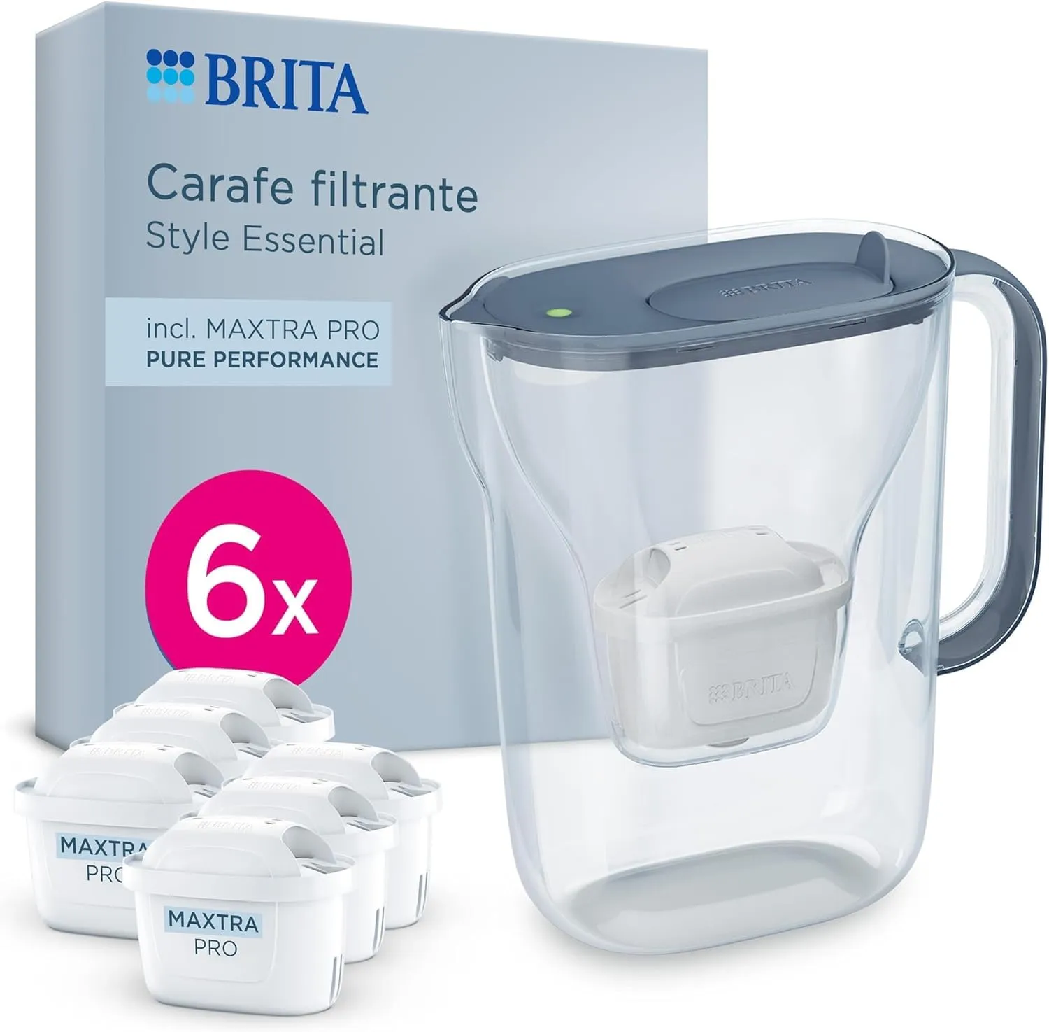 BRITA Caraffa filtrante Style Essential Stone Blue (2,4L) incl. 6x MAXTRA PRO PURE PERFORMANCE che riduce cloro, calcare, PFAS e metalli - Adatta alla porta del frigorifero, con indicatore LED
