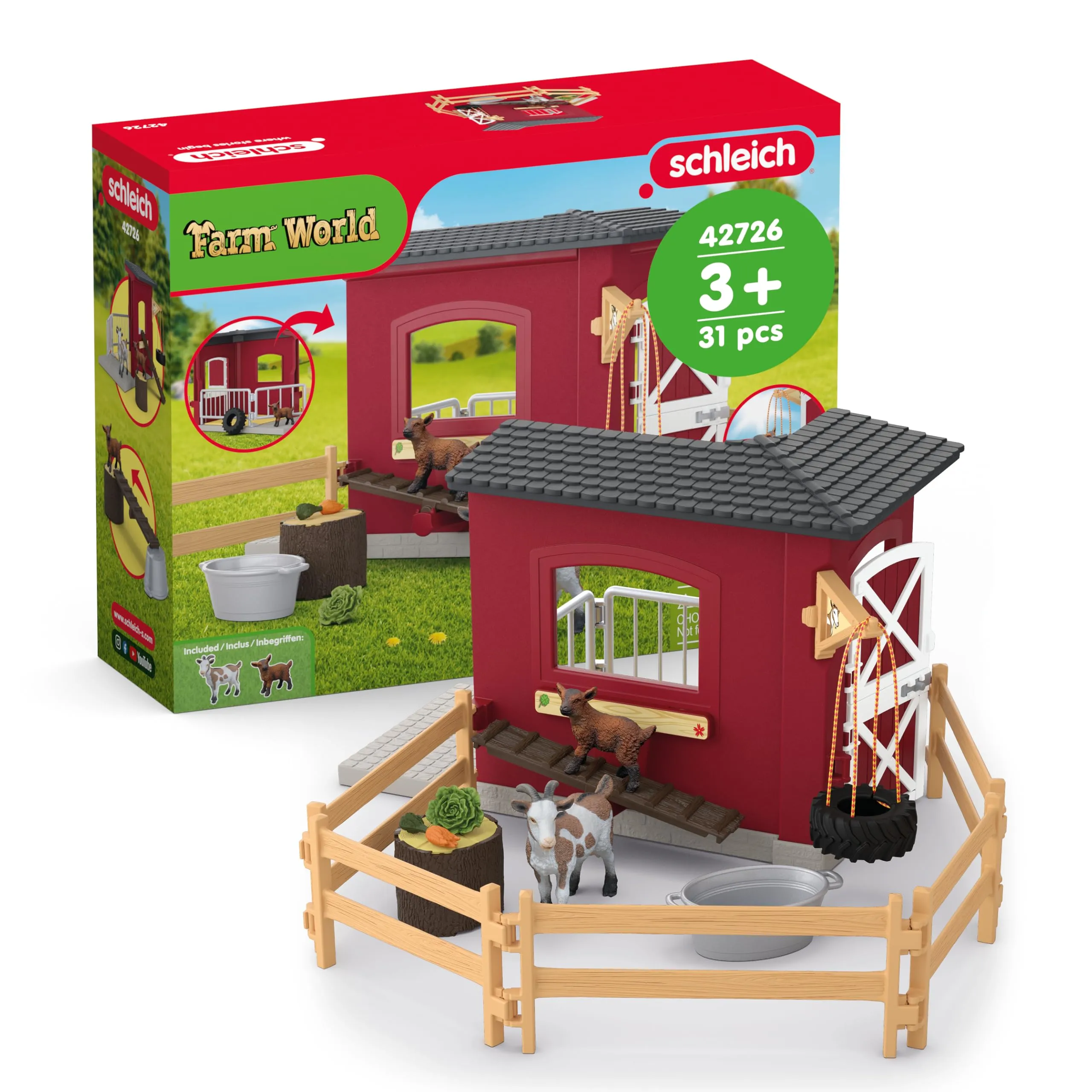 schleich Farm World | Stalla delle capre 42726 | Set con stalla, Capra, Capretto, recinto & Accessori | Figure di Animali realistiche | Idea Regalo Bambini | Giocattolo Fattoria dai 3 Anni | 31 Pezzi