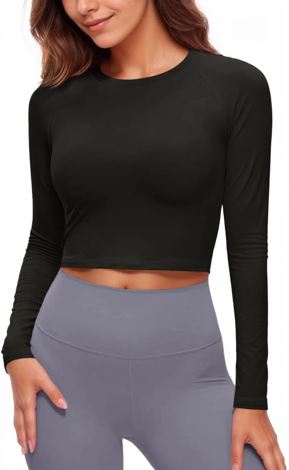 Fisoew Maglietta sportiva da donna, a maniche lunghe, girocollo, per yoga, allenamento crop top, slim fit, Nero , S