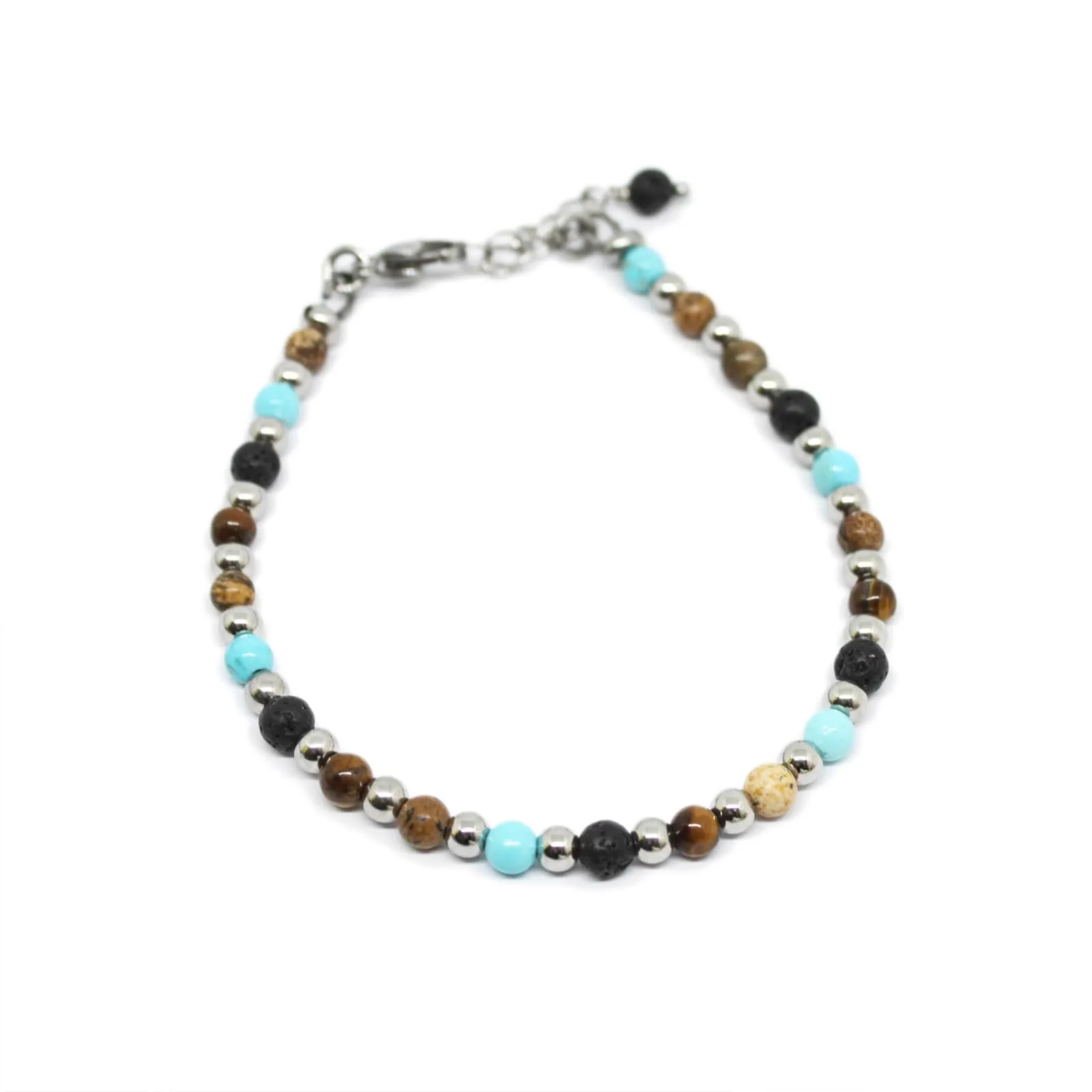 Bracciale uomo con perle da 4mm di pietra lavica occhio di tigre diaspro e turchese