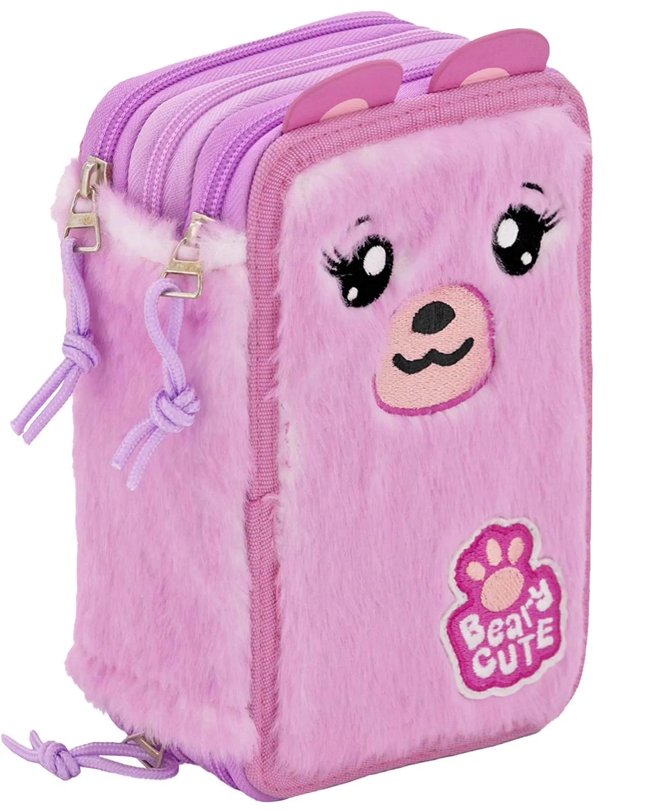 Julian Ross Astuccio 3 Scomparti Fluffy - 45 Pezzi, 2 Penne Gel Cancellabili, Colla, Forbici, Pastelli 4.0, 3 Zip, Bambina, Scuola e Regalo Orsetto Rosa