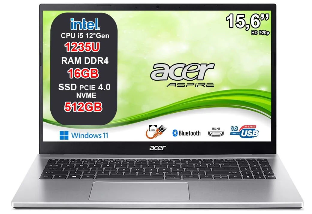 Acer Aspire 3 PC Notebook Portatile Processore Intel Core i5-1235U, RAM 24GB DDR4, 512GB PCIe NVMe SSD, 15.6" IPS FHD LED LCD, Intel Iris Xe, W11 Pro, Garanzia 2 anni