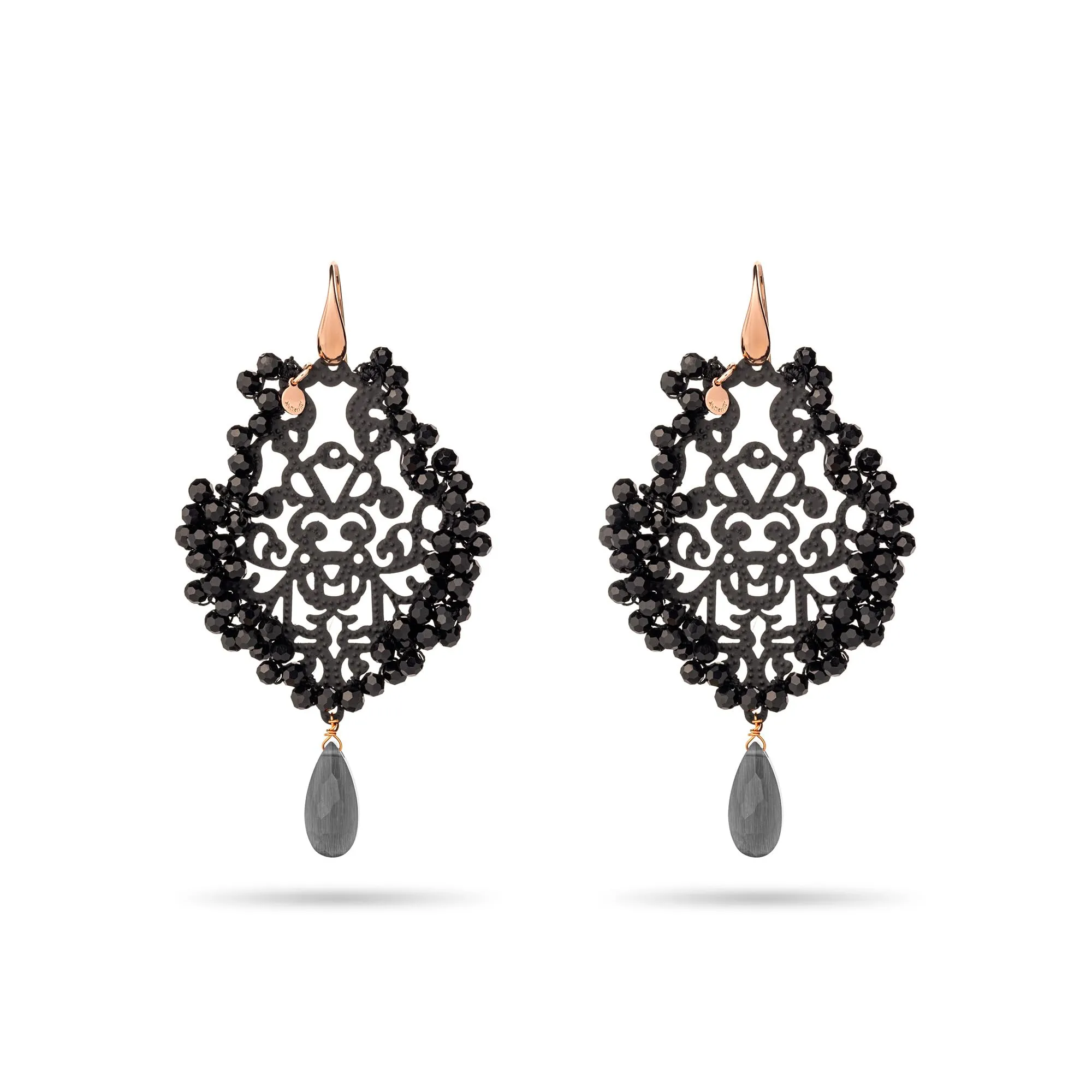 NOTFORALL - Orecchini Pendenti in Argento 925 Placcato Oro Rosé con Cristalli e Goccia Damascata - Gioielli Artigianali Made in Italy - Nero