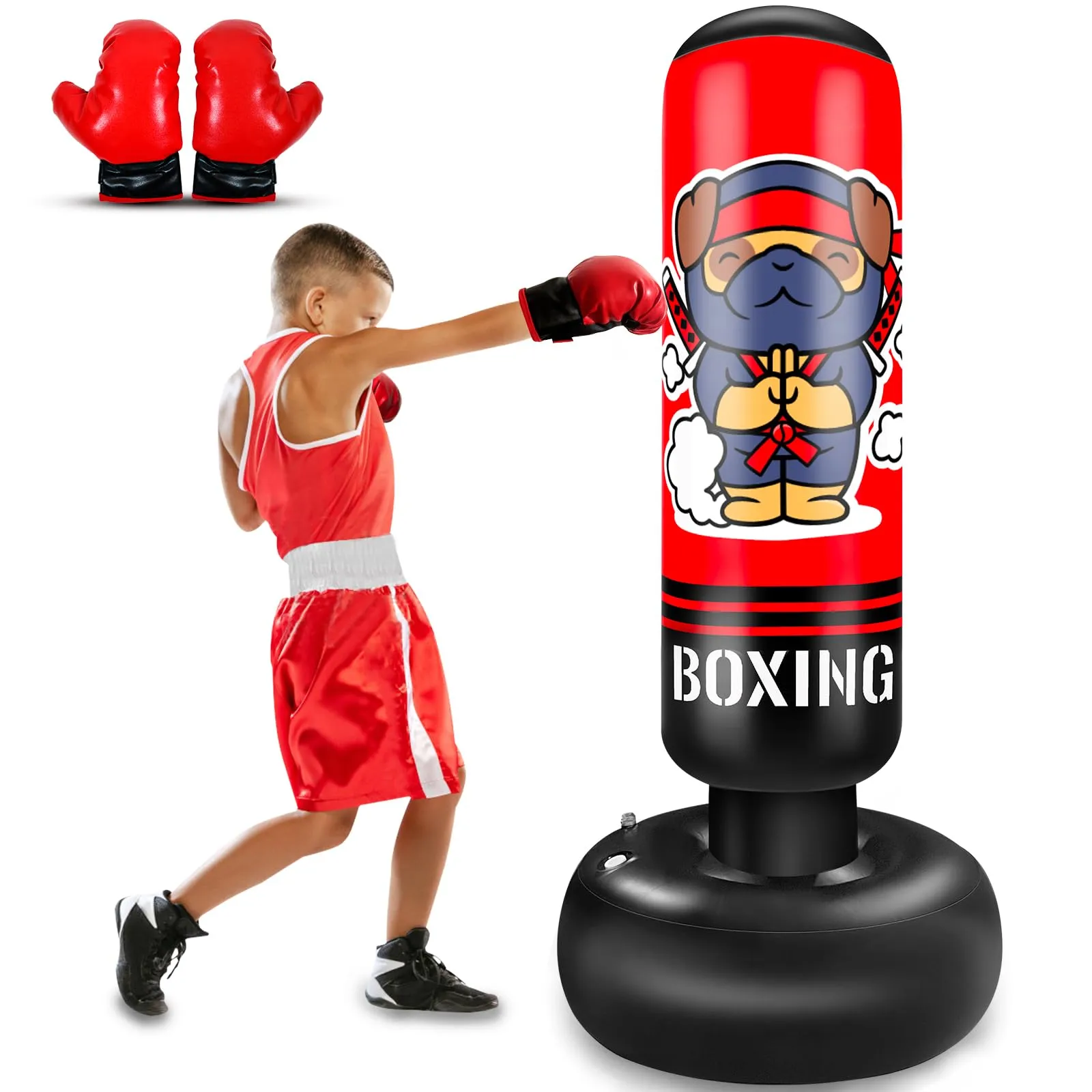 Sacco da Boxe per Bambini, 165cm Pungiball Bambini con Guantoni da Boxe, Sacchi da Boxe Gonfiabile per Ragazzi E Ragazze 3-12 Anni, Per Praticare Karate Taekwondo MMA (cane NINJA)
