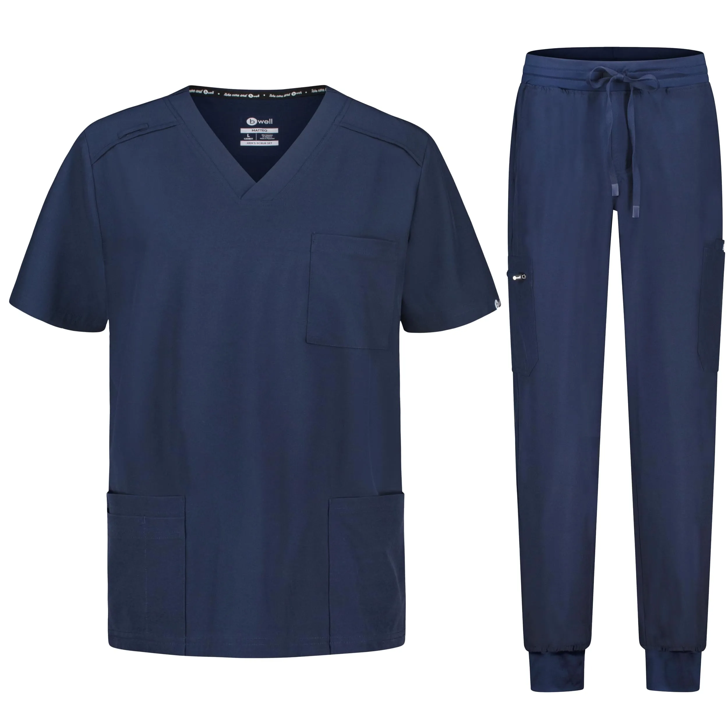 B-well MATTEO Divisa Sanitaria Uomo Elastica | Uniforme Sanitaria Uomo | Set con Casacca e Pantalone Jogger |Divise Sanitarie Uomo con Spandex, Blu, M
