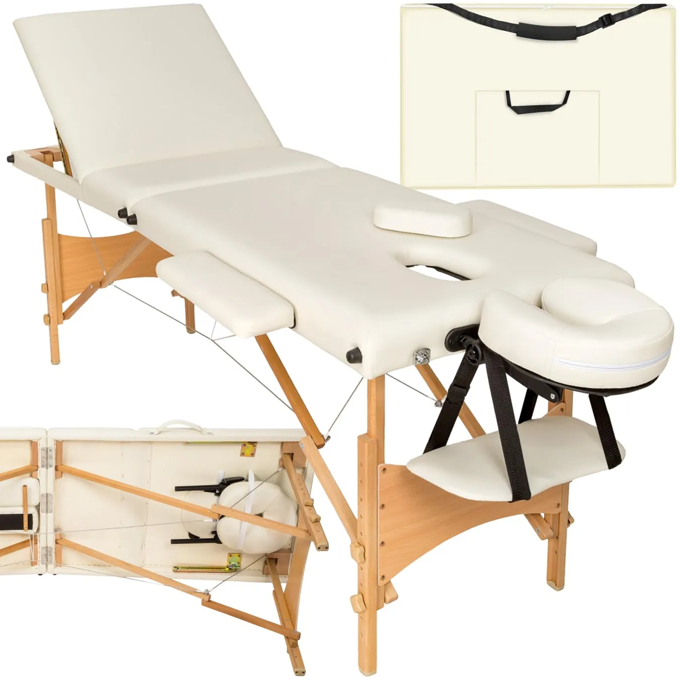 TecTake® Lettino Massaggio 3 zone, Pieghevole, Portatile, Rivestimento Vinile Idrorepellente, Lettino con Poggiatesta Rimovibile, Comodi Braccioli, Borsa per Trasporto Inclusa - Beige