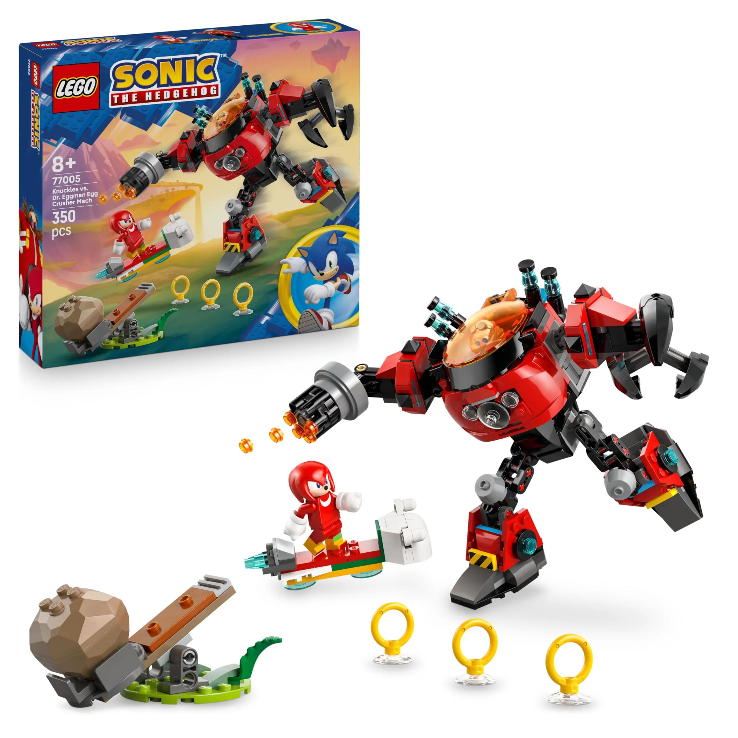 LEGO Sonic the Hedgehog Knuckles vs. il Mech Egg Crusher del Dr. Eggman - Set con 2 Minifigure, Anelli e Smeraldi del Caos - Regalo per Bambini e Bambine da 8 Anni in su Fan dei Videogiochi - 77005