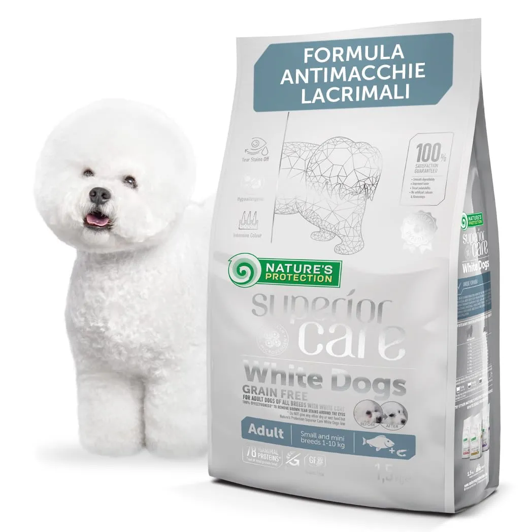 Nature's Protection Superior Care - Cibo Secco Ipoallergenico Senza Cereali per Cani Adulti di Razze Piccole e Mini, Riduce le Macchie di Lacrime, Pesce Bianco, 1,5 kg