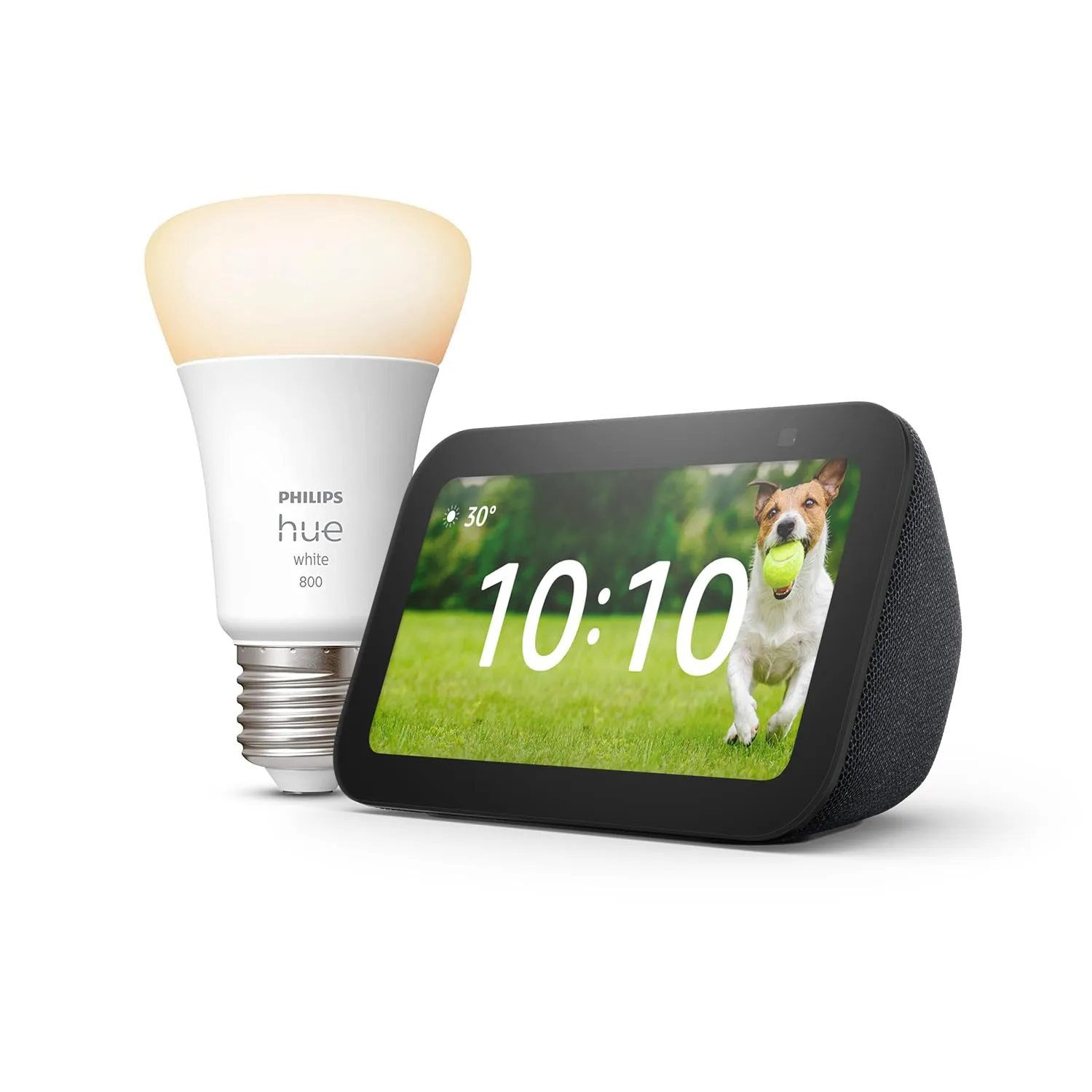 Echo Show 5 (3ª generazione) | Antracite + Philips Hue White Lampadina LED Smart (E27), compatibile con Alexa - Kit di base per Casa Intelligente