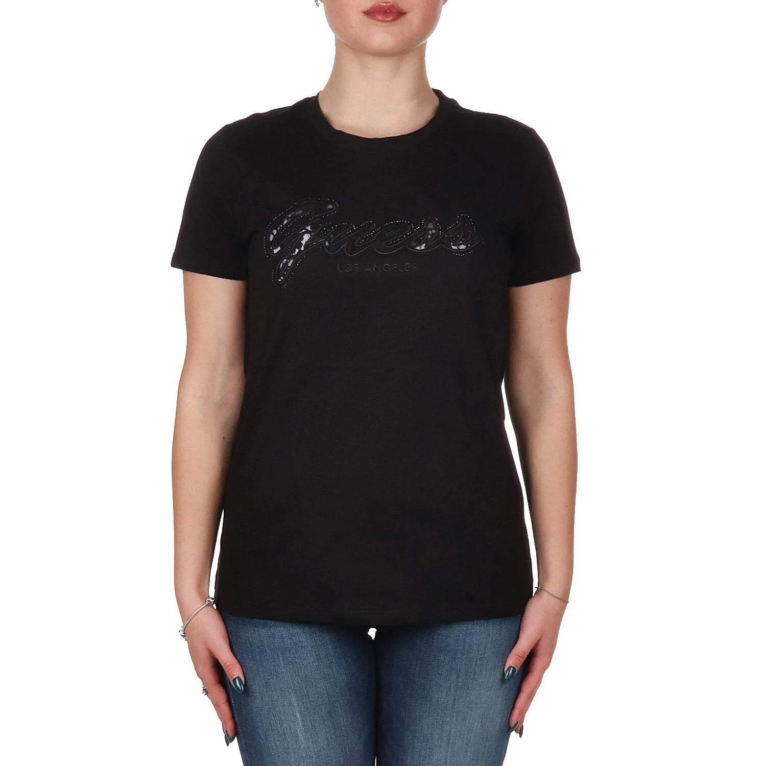 T-shirt donna Guess logo pizzo nero ES25GU45 W5RI08K9RM1 L
