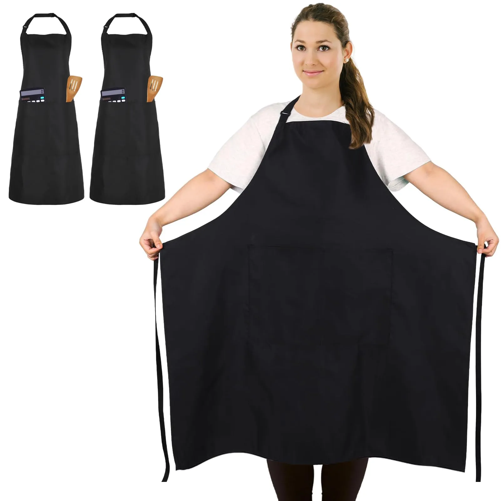 FunChaos 2 Pezzi Taglia Grossa Grembiule, Nero Cuoco Grembiule, Unisex Grembiule con 2 Tasche per Cucinare, BBQ, Lavoro, Professionale Grembiule per Cameriere Pittore Parrucchiere (Taglia Grande)