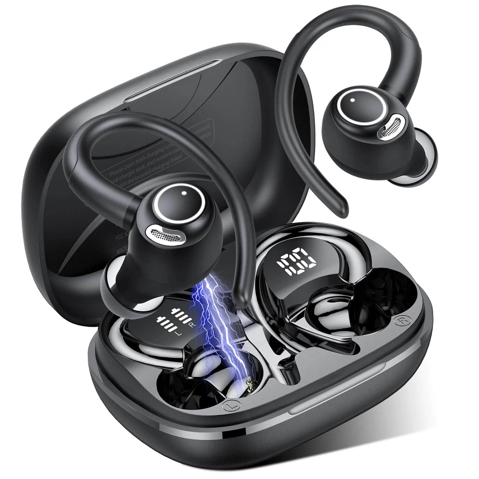 Cuffie Bluetooth Sport, Auricolari 5.4 con Mic Stereo, Cuffie Wireless con Ricarica Rapida USB-C, Cuffiette Doppio Display LED, IP7 Impermeabili Auricolare, 48H, Cuffie Senza Fili Corsa Running, Nero