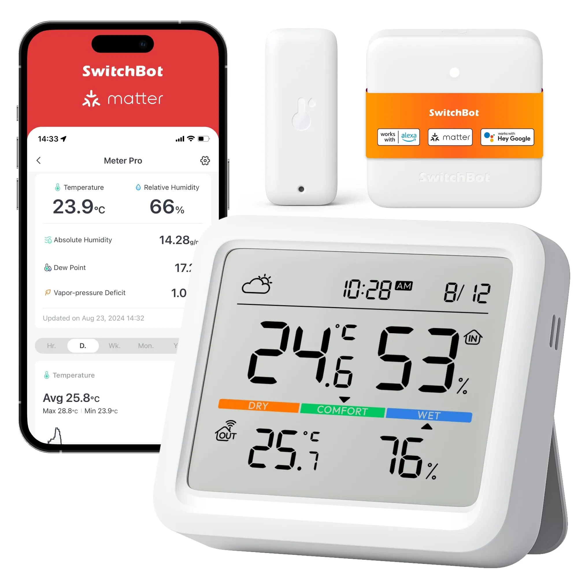 SwitchBot Stazione Meteo WiFi, Monitor Temperatura/Umidità con Data e Previsione del Tempo, Termometro e Igrometro WiFi, Raggio Bluetooth di 120m, Esportazione Gratuita di Dati