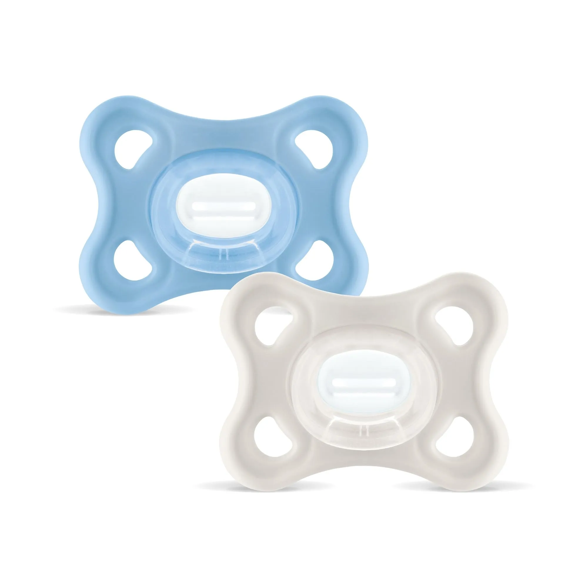 MAM Comfort Succhietto 3-12 mesi (Set da 2), Ciuccio MAM 3-12 mesi in 100% silicone con design unico, Kit da 2 accessori neonato morbidi e leggeri con porta ciuccio sterilizzatore, Azzurro/Neutro