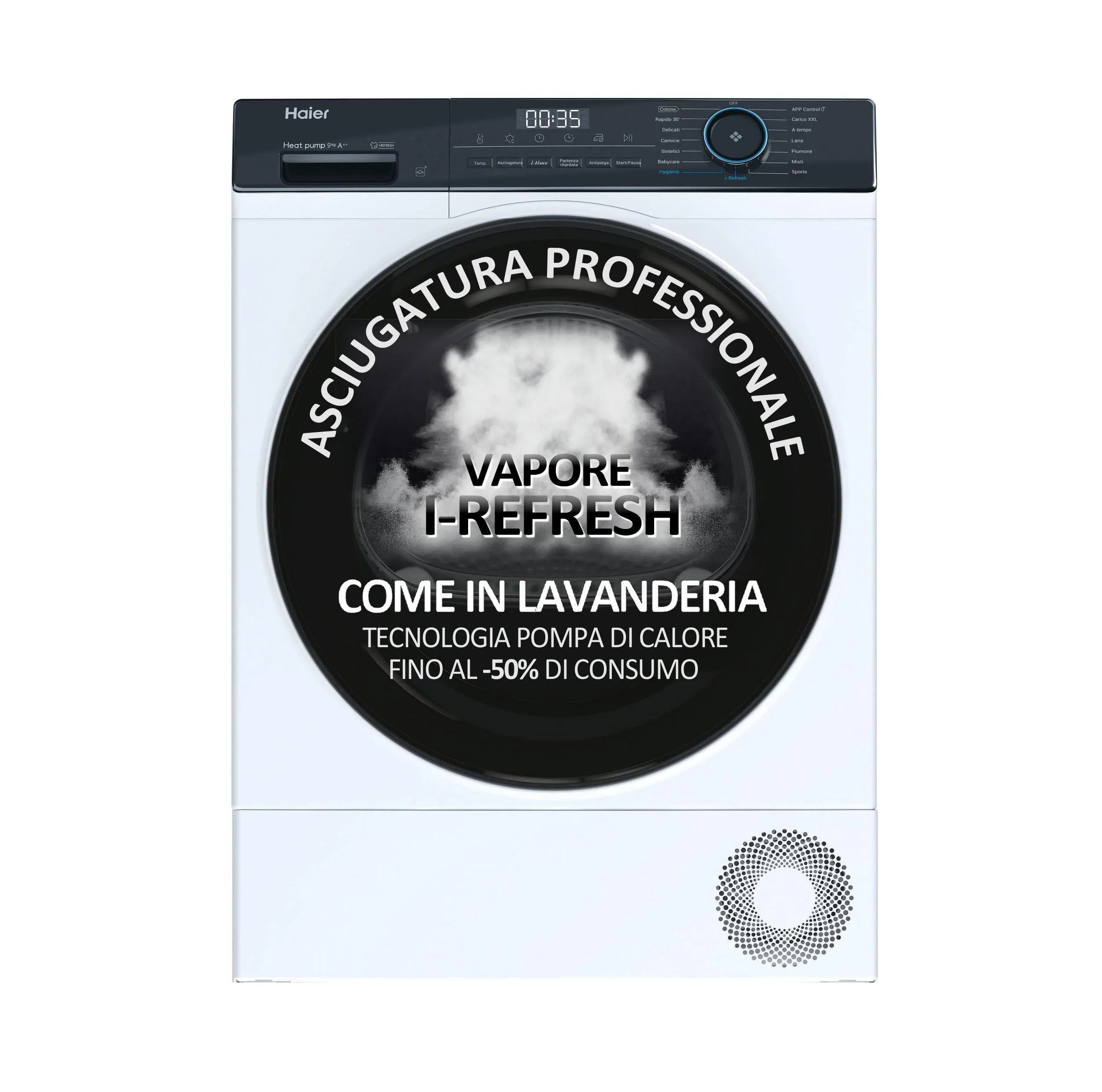 Haier I-Pro Serie 3, HD90-A2939E-IT, Asciugatrice, 9 KG, Classe A ++, 65 dB, Vapore, Connessa, 15 programmi, Bianco, AxLxP 84,5x59,5x66,5 cm