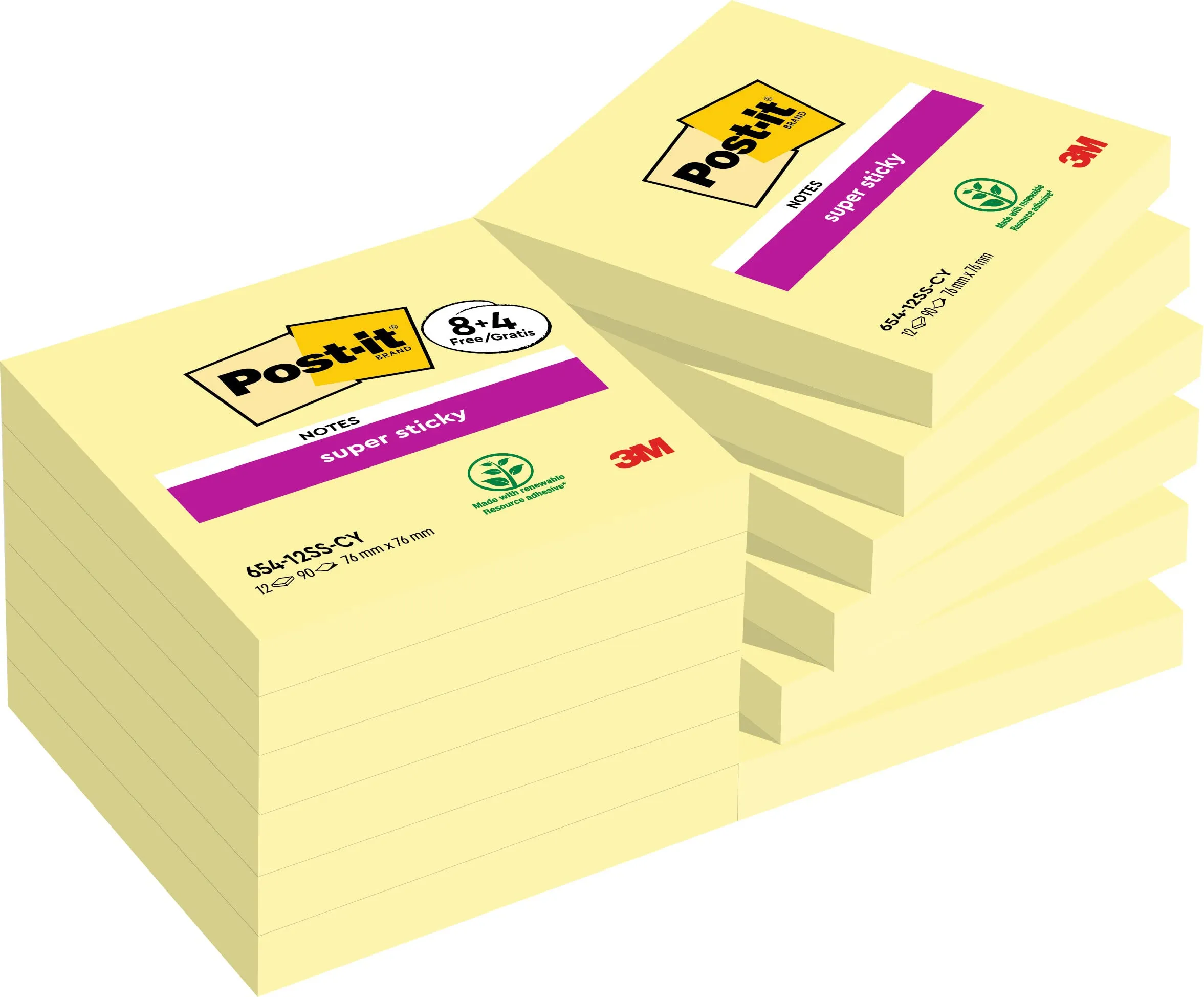 Post-it Foglietti Canary Yellow, Confezione da 8 Blocchetti + 4 Gratis, 90 Fogli per Blocco, 76 mm x 76 mm, Colore Giallo - Foglietti Adesivi Fogli Adesivi per Appunti, Elenchi & Promemoria