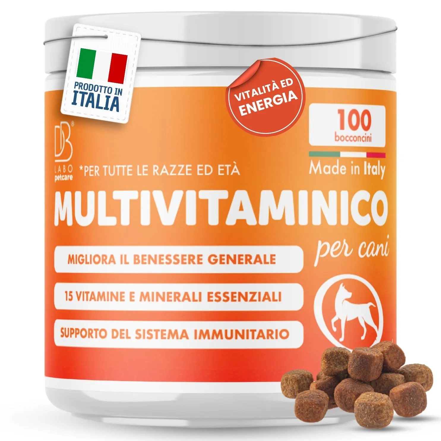 Db Labo Multivitaminico Cane 100 Bocconcini Per Facile Assunzione - Integratori per Cani Completi - 15 Vitamine per Cani e Minerali Essenziali - Integratori per Cane Pelle e Pelo, Sistema Immunitario