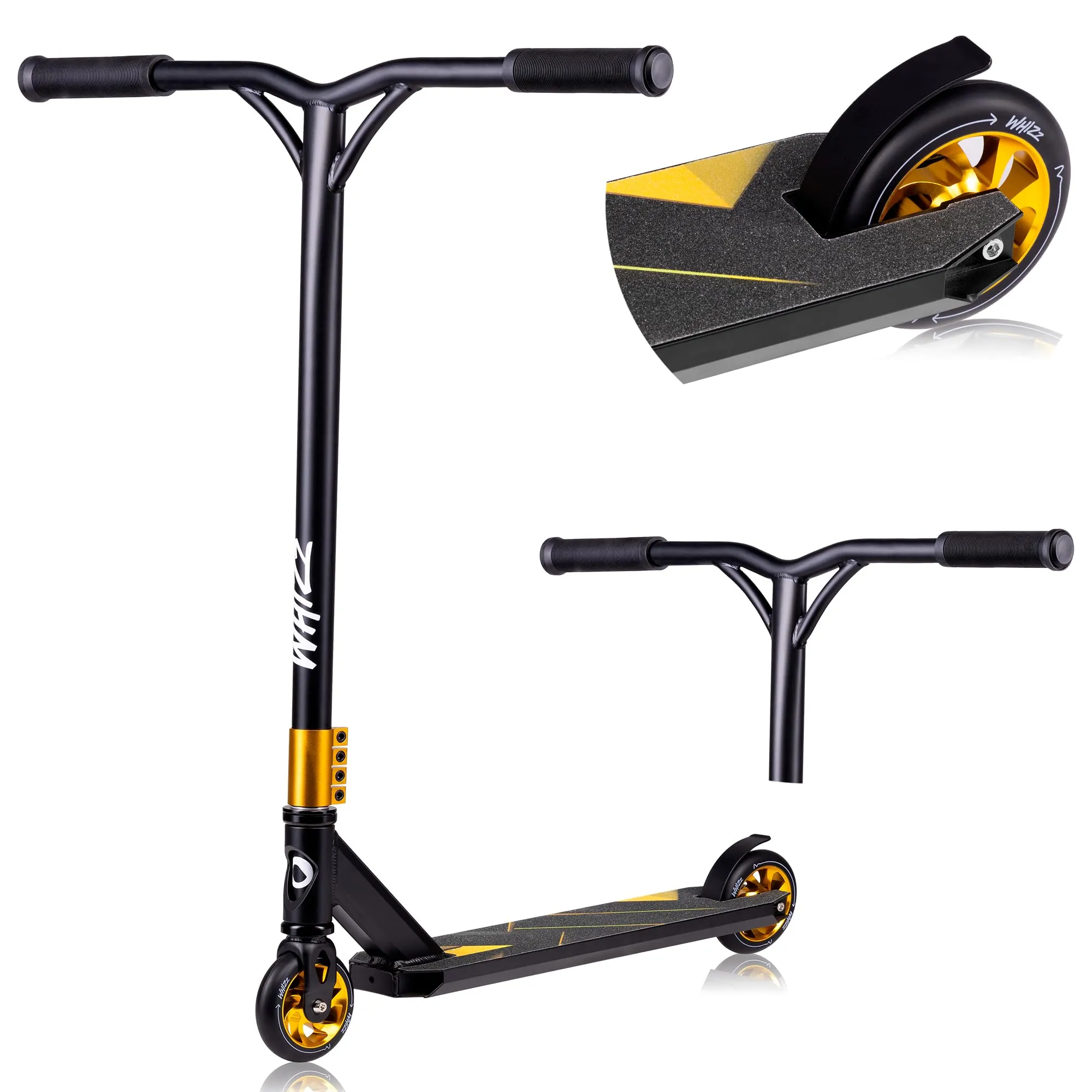 LIONELO Whizz Monopattino Stunt Scooter Freestyle, Cuscinetti ABEC-9 Deck in Alluminio Sistema di Compressione HIC Ruote da 110 mm Manubrio a T Largo, Freno Flex Fender MN Steel, Design Unico (Nero)