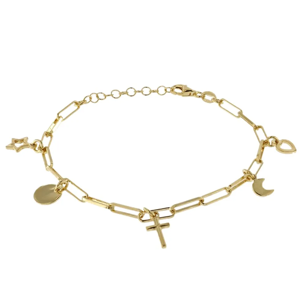 Linea Italia Gioielli - Bracciale in Argento 925 Placcato Oro con Catena e Pendenti a Cuore, Stella, Croce, Luna e Medaglia- Made in Italy