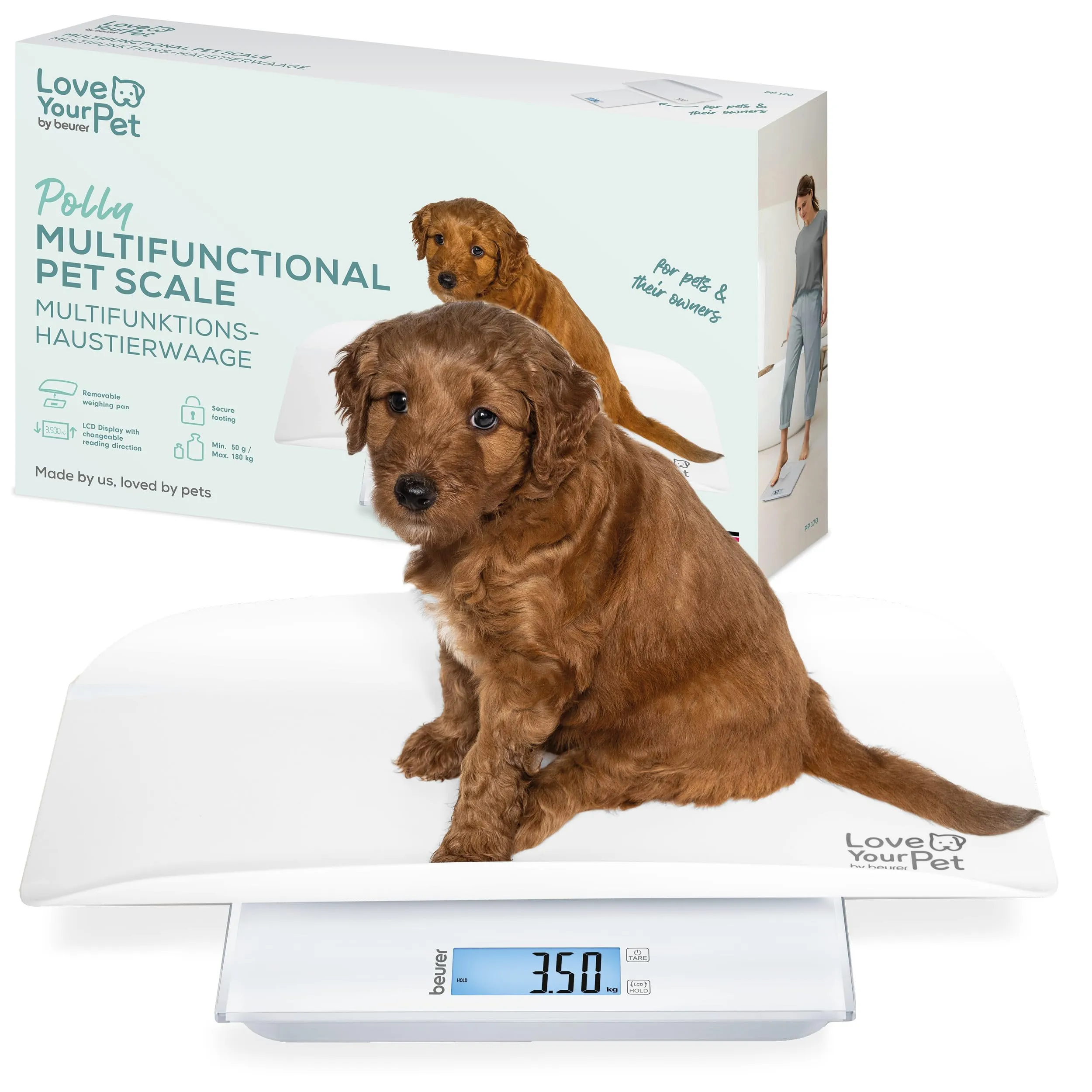 Beurer Love Your Pet Bilancia Polly per animali domestici e persone, con piatto di pesata rimovibile, bilancia per cuccioli a partire da 100 g, per piccoli animali con funzione fermo-pesata, 180 kg