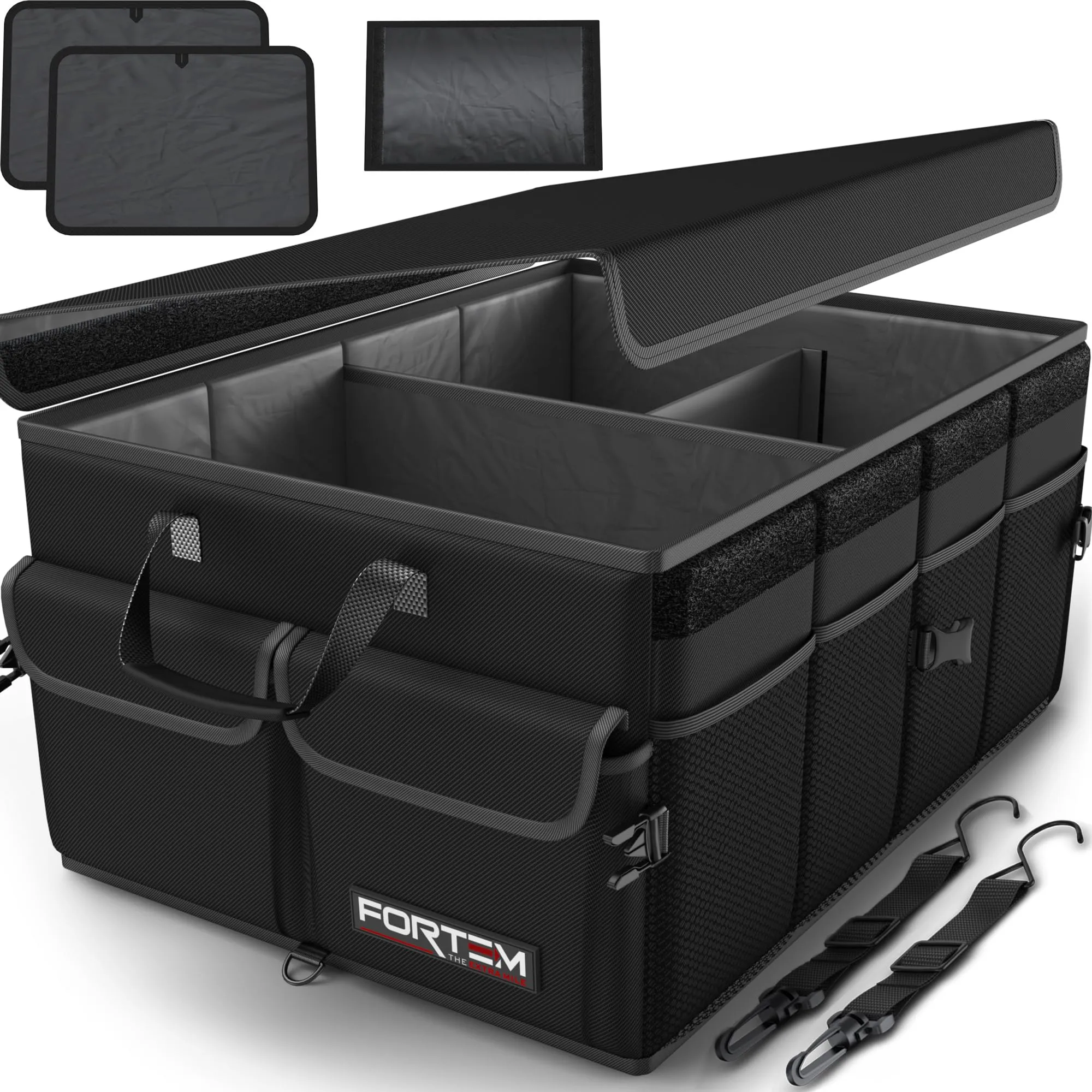 FORTEM Organizzatore Baule Auto, Contenitore Pieghevole SUV a Scomparti Multipli, Accessori Auto per Donna e Uomo, Tessuto Oxford 600D, Fondo Antiscivolo, Cinghie di Fissaggio, Coperchio Morbido (50L)