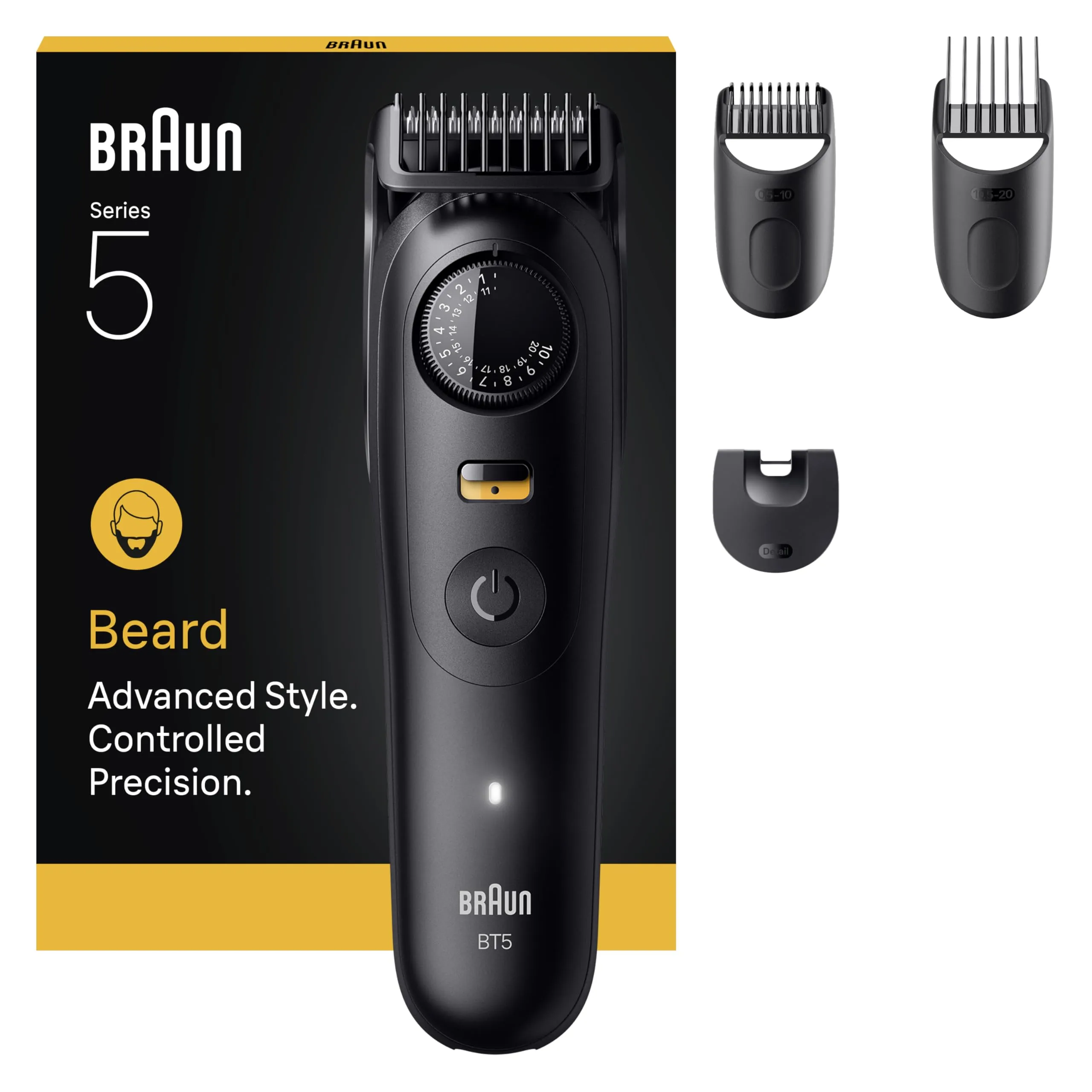 Braun Trimmer Barba Series 5, + 4 strumenti per creare il suo stile, lama ultra affilata, 120 min di autonomia, 40 lunghezze, impermeabile, rotella di precisione e bloccaggio, BT5520, nero