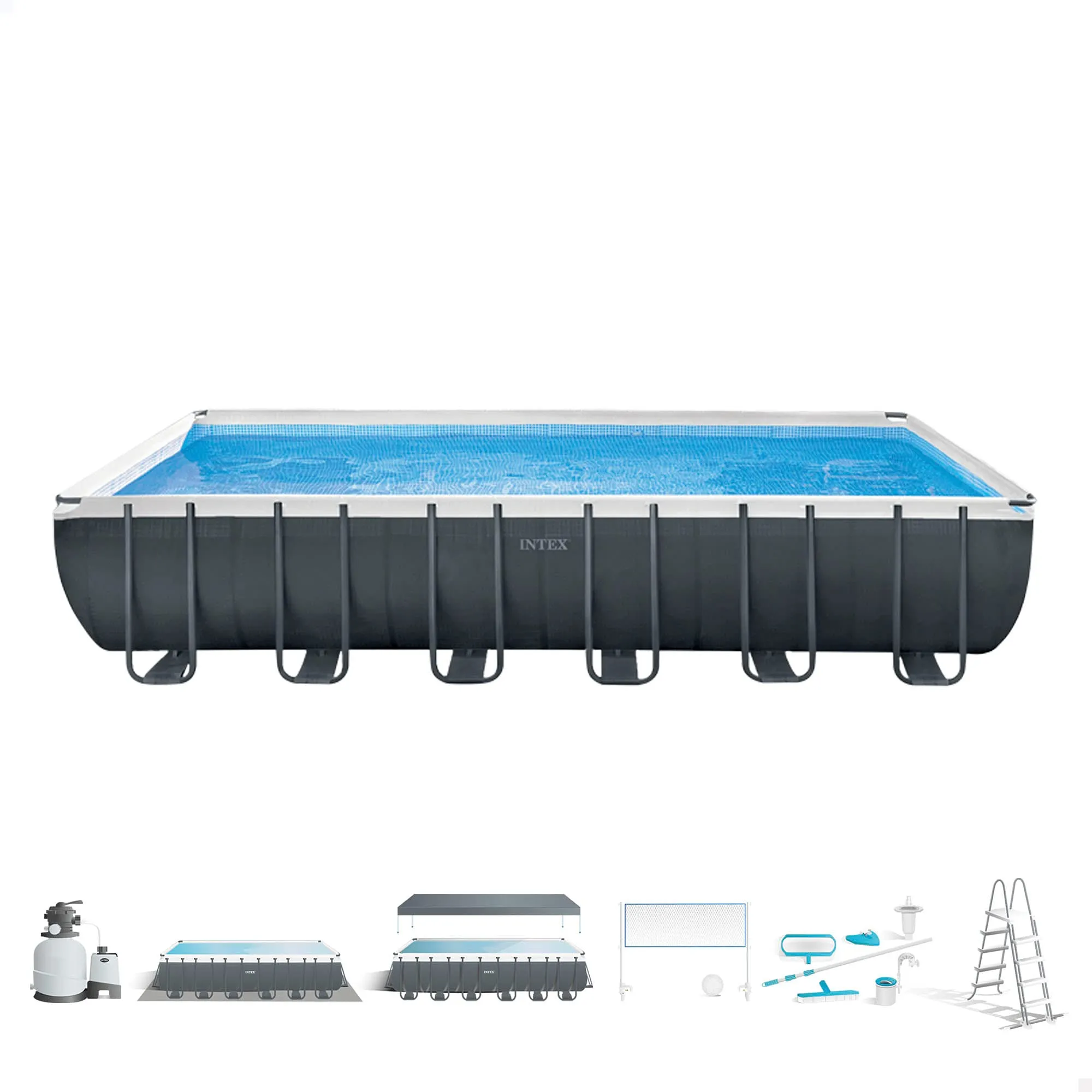 Intex 26368NP – Piscina Fuori Terra Ultra XTR Frame Rettangolare, Pompa Filtro 7900 L/h, Scaletta, Telo Base e Copertura, Kit Pulizia Deluxe e Set Volley, 31805 L, Acciaio e PVC, Grigio, 732x366x132cm