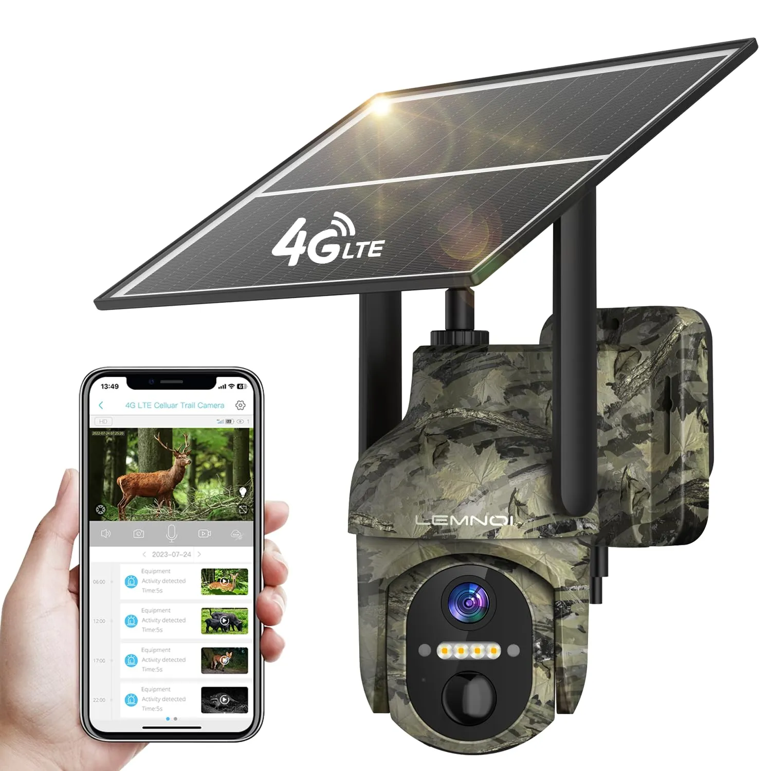 LEMNOI Fotocamera da caccia, 4G Fototrappola Solare con Scheda SIM Preinstallato e SD, Telecamera Solare 2K PTZ Esterna con Pannello Solare, Visione Notturna a Colori, Rilevamento PIR, Impermeabile