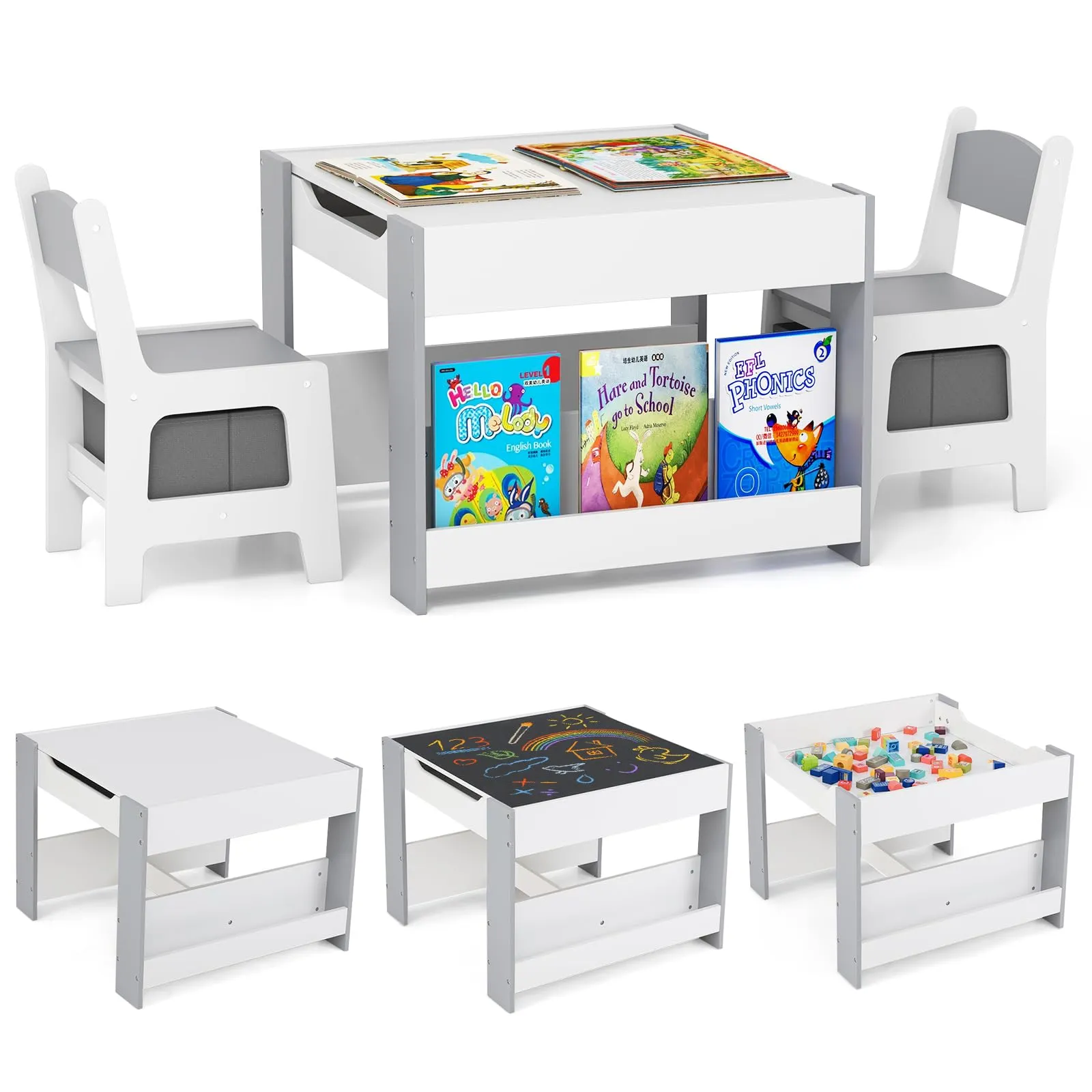 COSTWAY Set Tavolino Bambini con 2 Sedie per 3+ Anni, Tavolo e Sedie 4 in 1 con Lavagna Rimovibile, Librerie e Scatola in Tessuto, Mobile Salvaspazio per Scuola, Asilo e Cameretta (Bianco e Grigio)