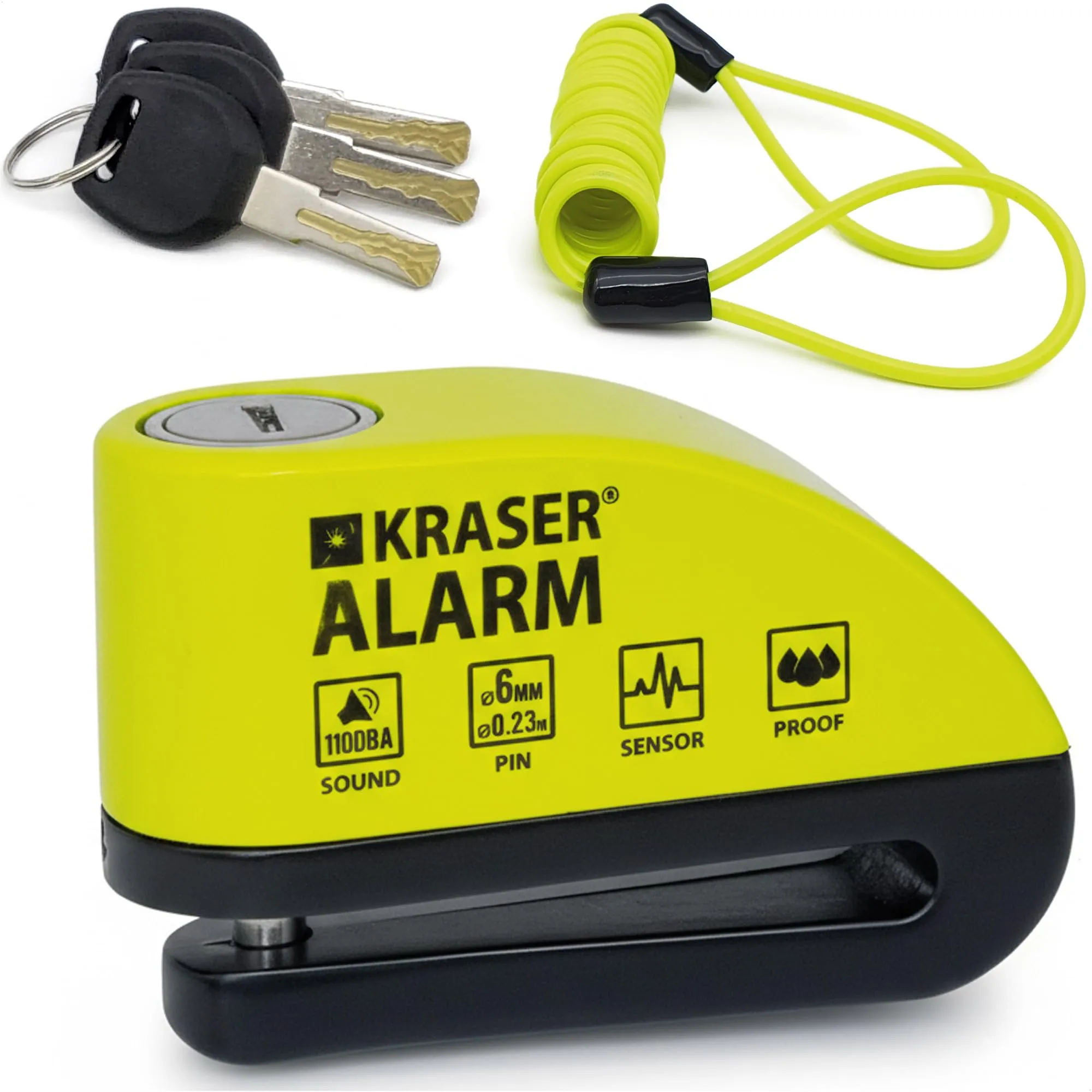 KRASER WA6Y Blocca Disco per Moto con Allarme 110dB, Rinforzato, 3 (Altre 2) Chiavi Sicurezza, Impermeabile, Accessori Cavo Reminder 1.5m Borsa, Lucchetto Moto Bloccadisco Sonoro Scooter Bici