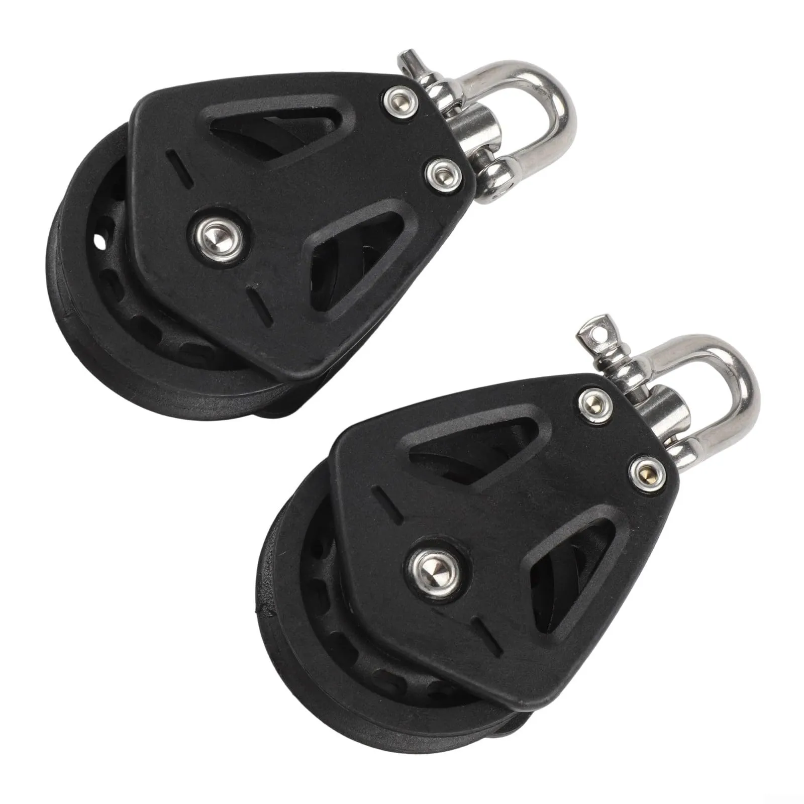 Coppia di 2 bozzelli singoli in nylon resistente con griglia girevole, progettati per applicazioni marine e sartiame per barche a vela, supporta linee con diametro fino a 10 mm e carico 460 kg