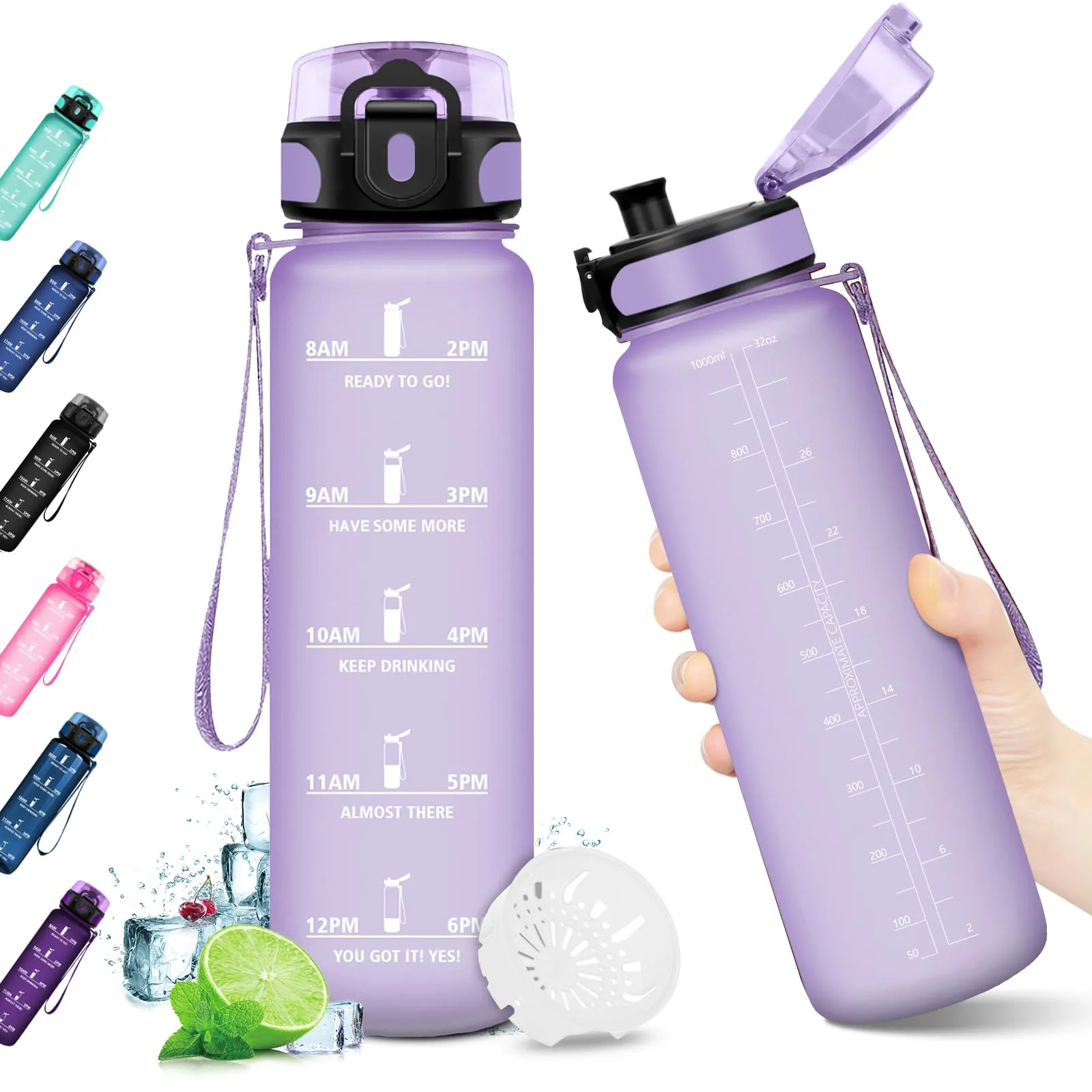 KollyKolla Borraccia 1 litro, Borraccia Motivazionale con Filtro, a Prova di Perdite, Borraccia Palestra, Bottiglia Acqua senza BPA, Borracce per Adulto, Bambini, Sport, Scuola, Ciclismo, Gym
