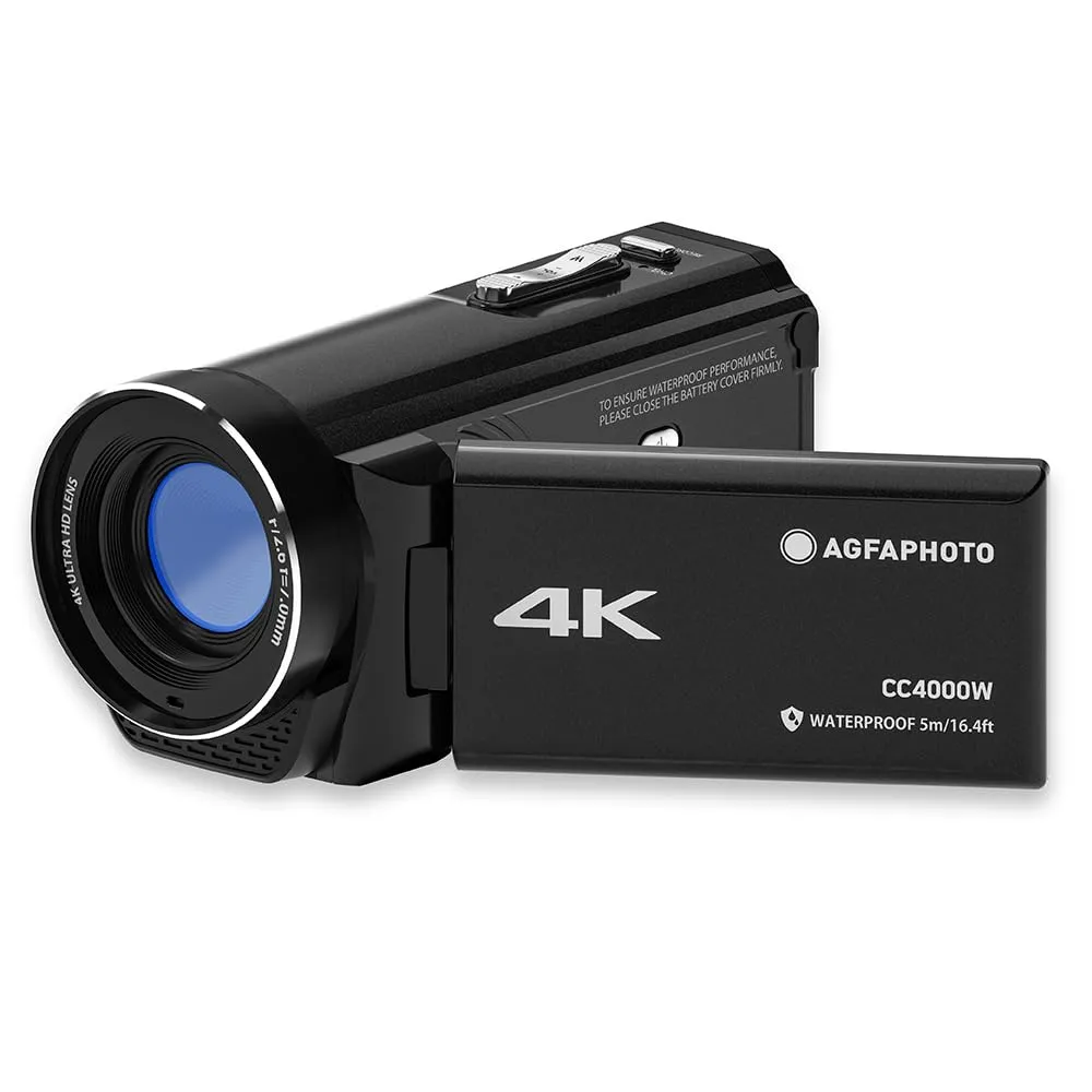 Agfa Photo Realimove CC4000W - Videocamera Impermeabile 4K con Schermo Touch 3.0'', Zoom Digitale 18x, Video 2.7K, Foto 24MP, LED, Batteria al Litio - Nero