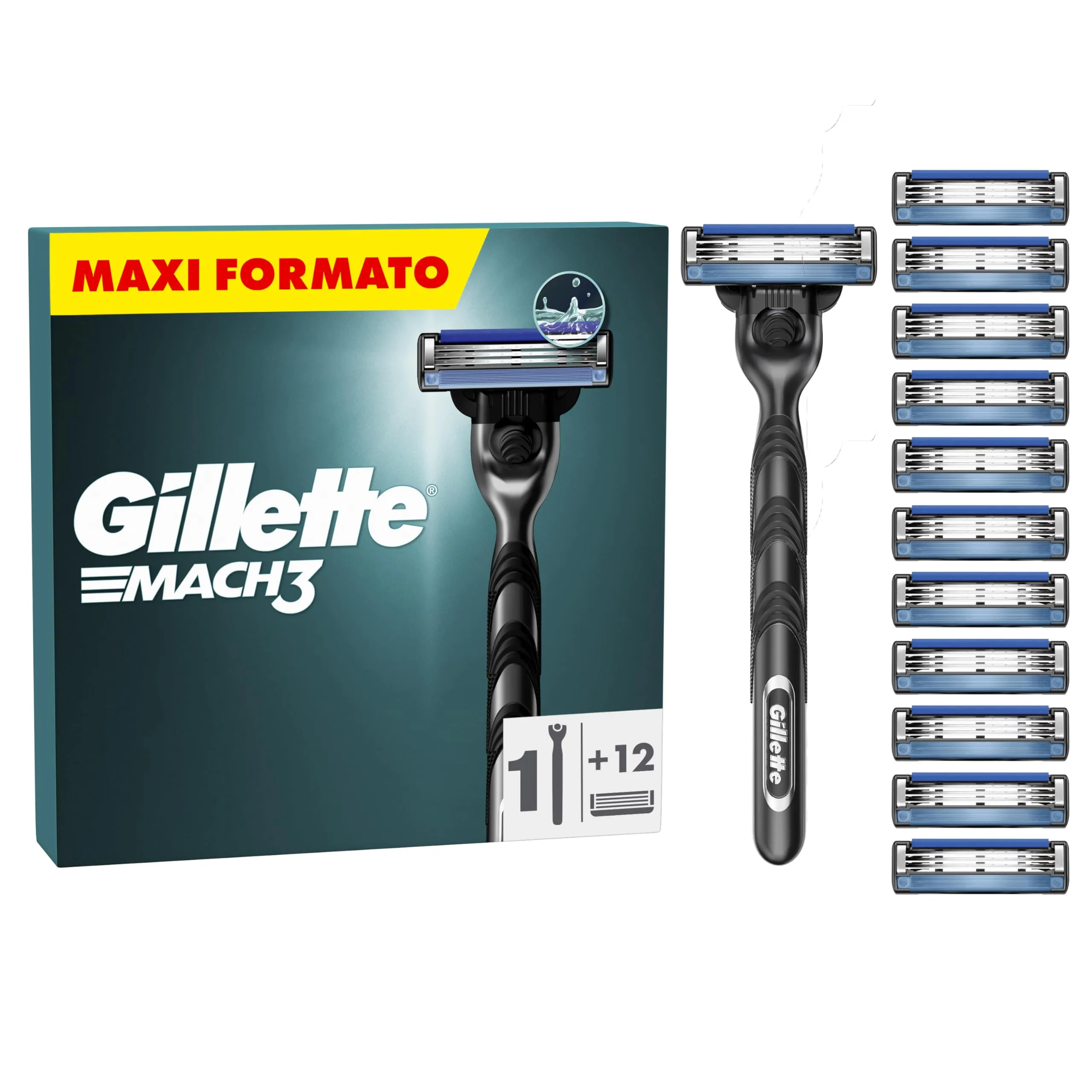 Gillette Mach3 Regolabarba Uomo, Lame Rasoio a Mano Libera, 1 Manico e 12 Lamette da Barba da 3 Lame, Facile Risciacquo, con Gel Lubrificante, Fino a 15 Rasature con 1 Testina azzurro