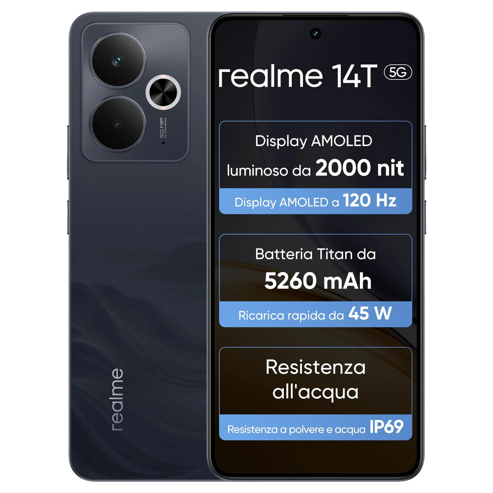realme 14T 5G Smartphone 8+256GB, Chipset Dimensity 6300, Display Esports AMOLED 120Hz da 6,67", Capacità Super Large da 5260mAh, IP69 Impermeabile,Surf Design,NEXT Ai,Ossidiana Nera(Senza adattatore)