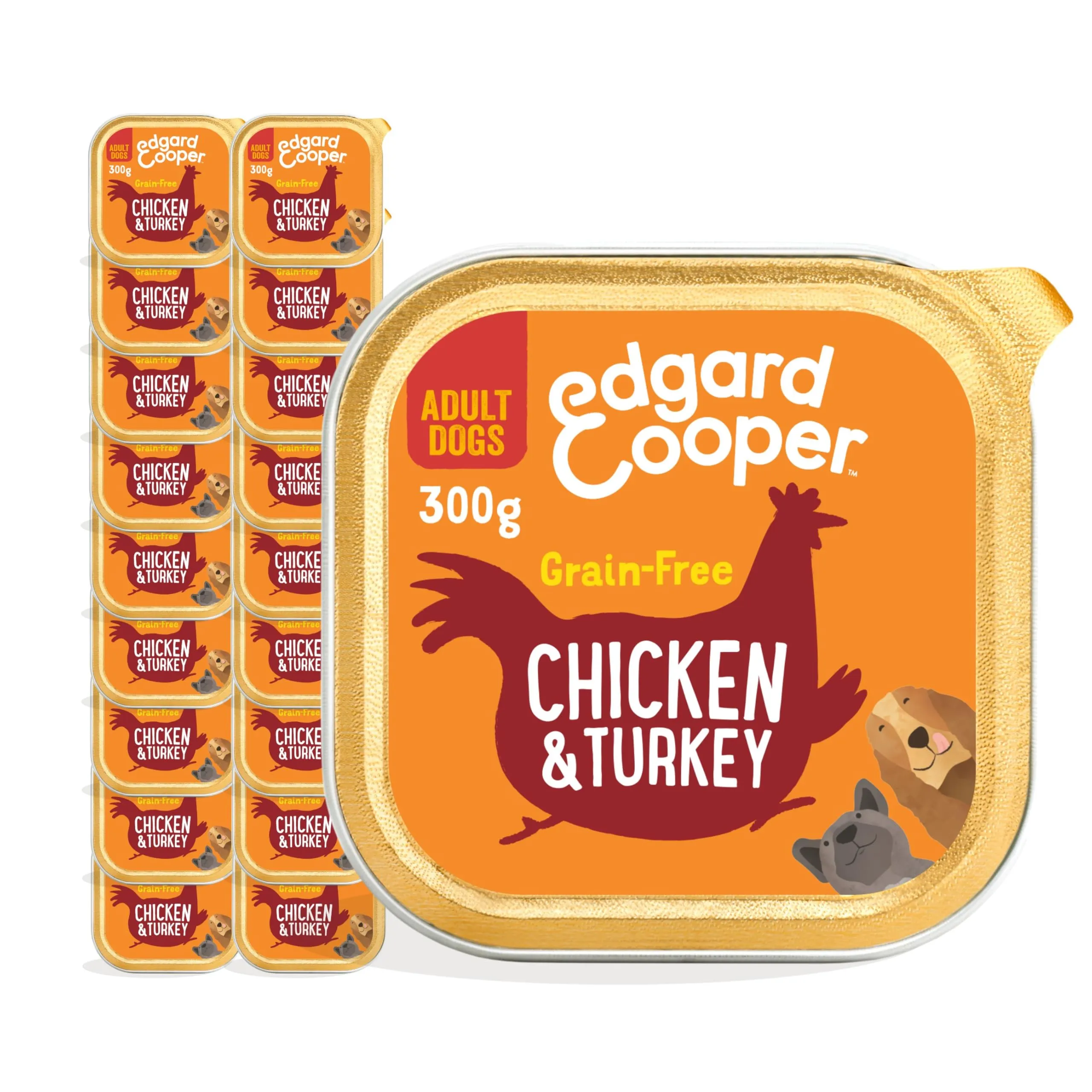Edgard & Cooper Cibo umido per cani, Adulti, (Pollo/Tacchino, 300g x 18), umido cani, carne fresca e ingredienti naturali, senza cereali, ipoallergenico, senza zuccheri aggiunti