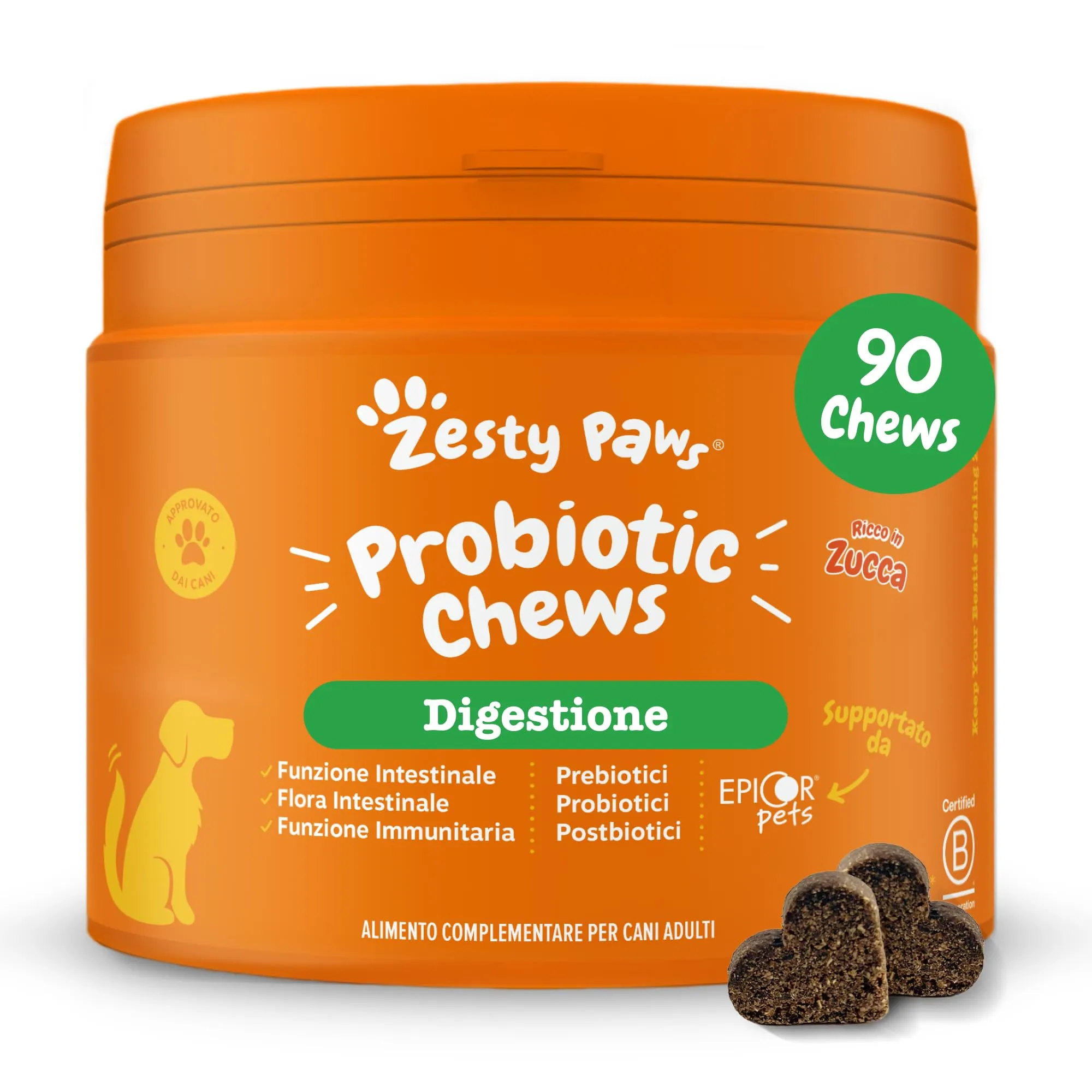 Zesty Paws Probiotici per Cani Chew, Fermenti Lattici Cane, Probiotico Digestivo per Cani - Integratore Alimentare Complementare per Cani Adulti di tutte le Taglie con Prebiotici e Postbiotici