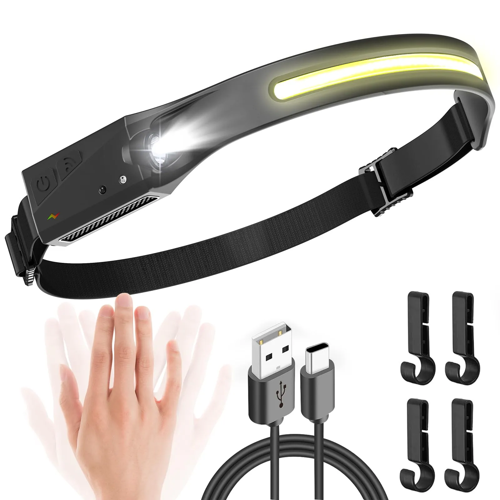 UNBON Torcia Frontale LED Ricaricabile USB C, Lampada Frontale con Sensore Movimento, Torcia da Testa 5 Modalità di Luce, 230°Angolo Ampio, Lampada da Testa Impermeabile IPX4 per Trekking Corsa Pesca