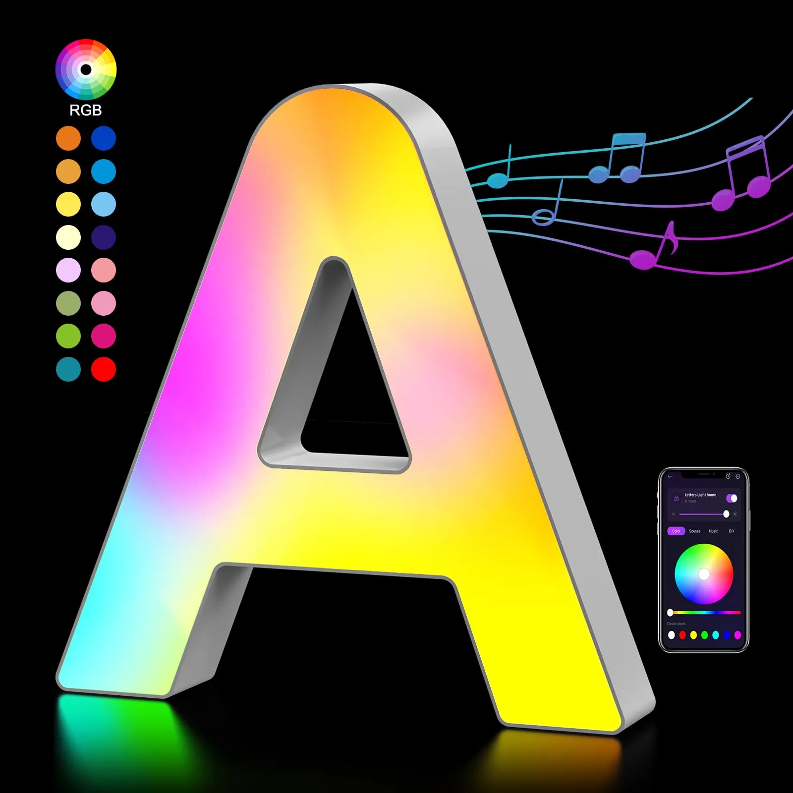 Lettere Luminoso con USB, APP Controllo Luci LED di Lettera Alfabeto, Figura a Cuore con Luce Colorate RGB per Decorazione e Atmosfera, Luci Notturne Scrivania, Compleanni, Matrimoni, Vetrine - A
