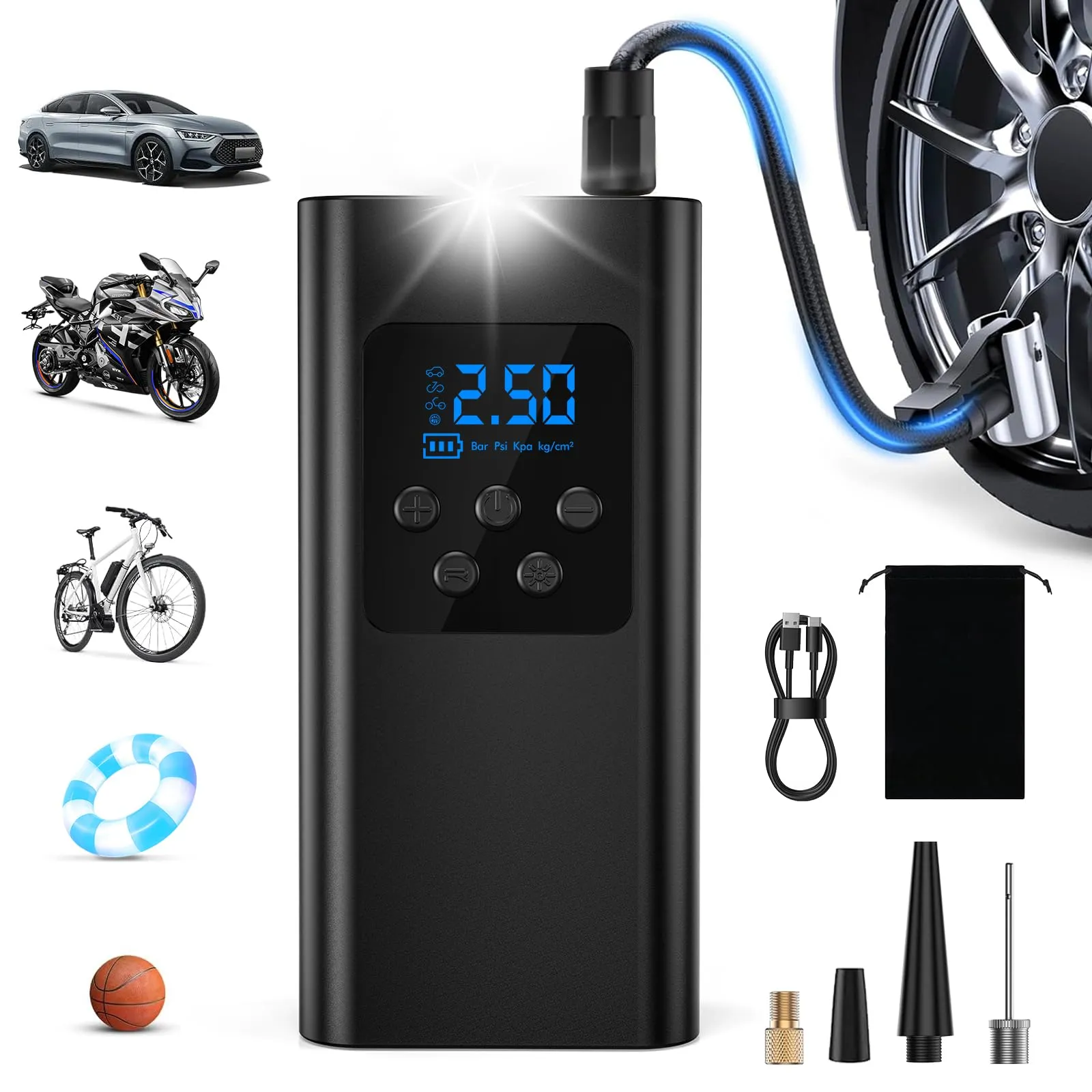 Singphere Compressore Aria Portatile – Pompa per Bicicletta Elettrica 45L/min, Gonfiatore Elettrico Portatile con LED, Batteria 6000mAh, 4 Modalità per Auto, Bici, Moto e Palloni