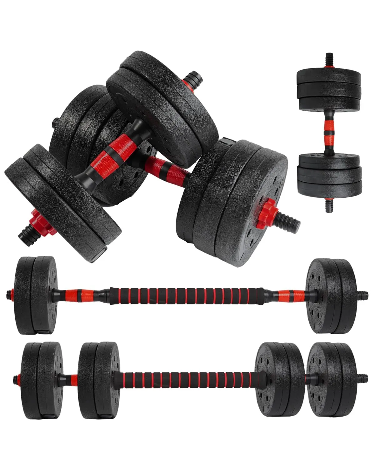 unycos - Manubri Regolabili con Dischi 40 kg【E-Book con 50 Esercizi】Coppia di Pesi con Barra di Collegamento Antiscivolo per Allenamento, Palestra in Casa, Fitness (Red Transformer)