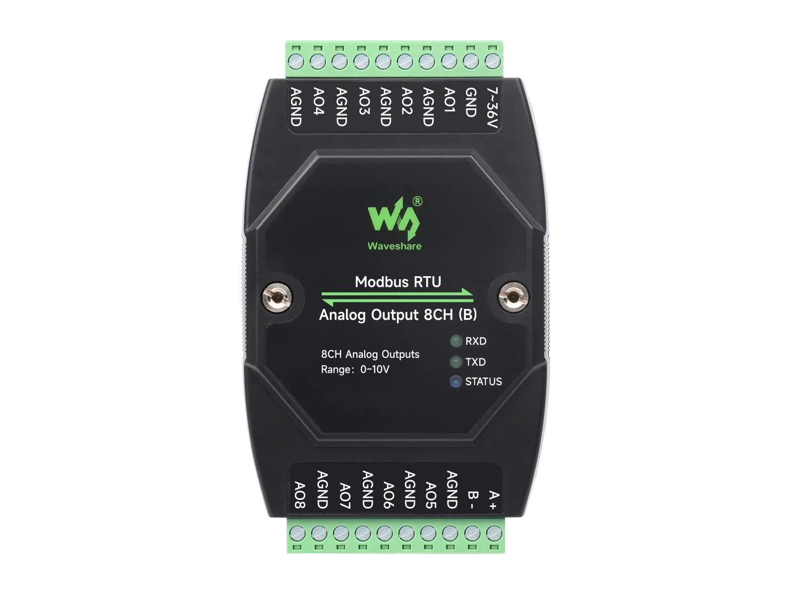 Waveshare Industrial 8-Ch Analog Output Module, 12-Bit DA Conversion, Supports 8-Ch Simultaneous Voltage Or Current Output, DC 7~36V Wide Voltage Power Supply, Modbus RTU Protocol, Rail-Mount Support