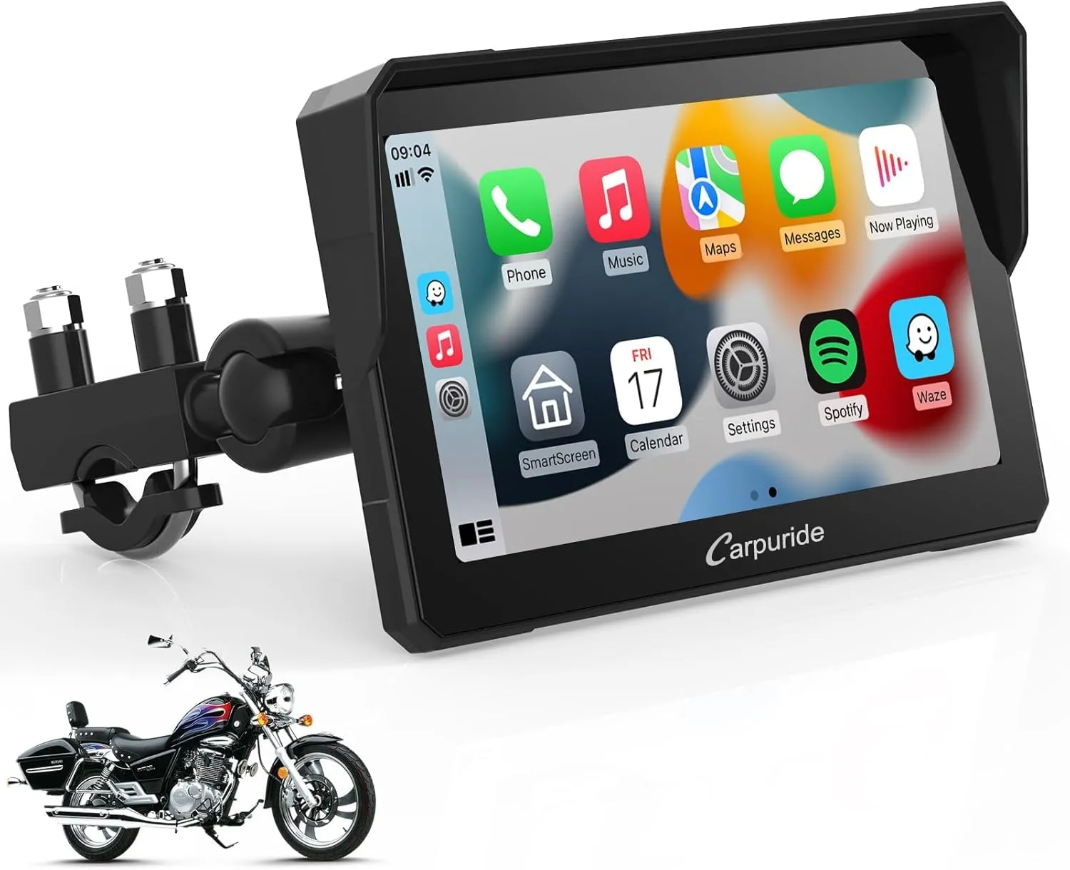 Carpuride W702 Schermo CarPlay per Moto, Wireless CarPlay & Android Auto, 7" Schermo Touchscreen Impermeabile GPS, Supporto Doppio Bluetooth, Navigazione, Siri.