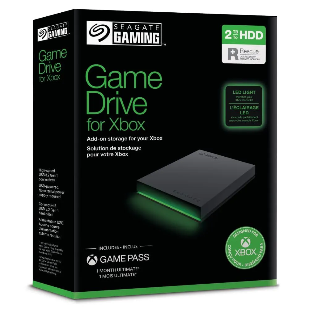 Seagate Game Drive per Xbox 2TB, Hard disk esterno, USB 3.2 Gen 1, illuminazione LED RGB, Nero, Data Rescue Service (STKX2000403)